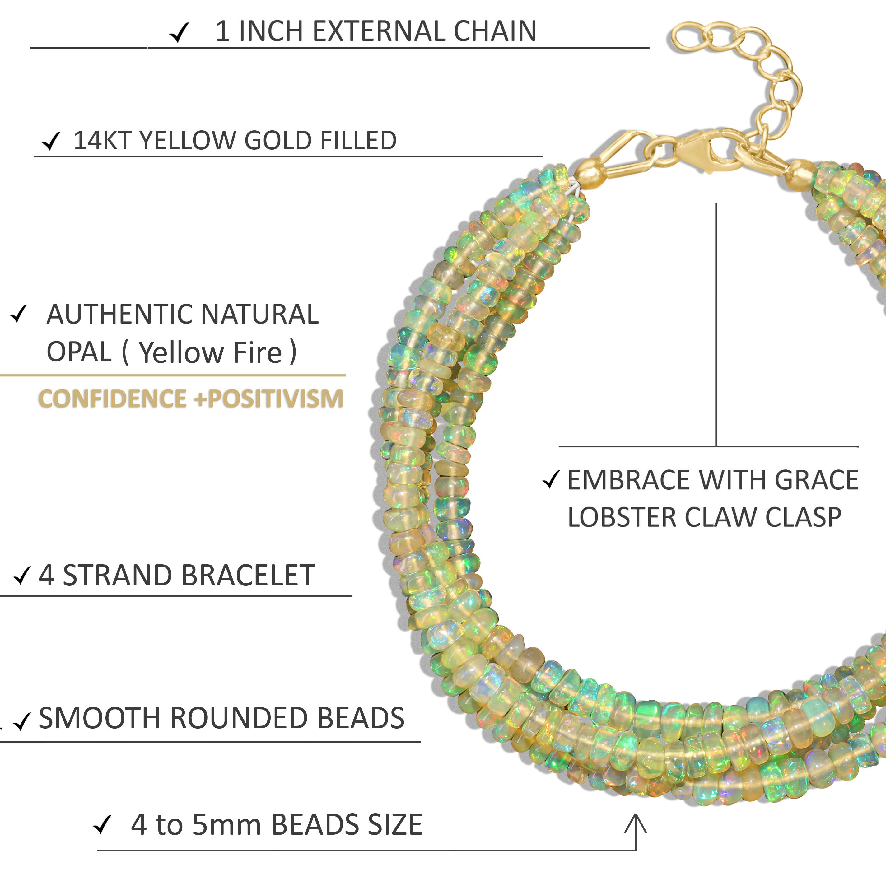 Natural Yellow Opal 4 Strand Plain Beaded Bracelet for Women - Boho Chic Handmade Jewelry for Everyday Wear & Special Occasions