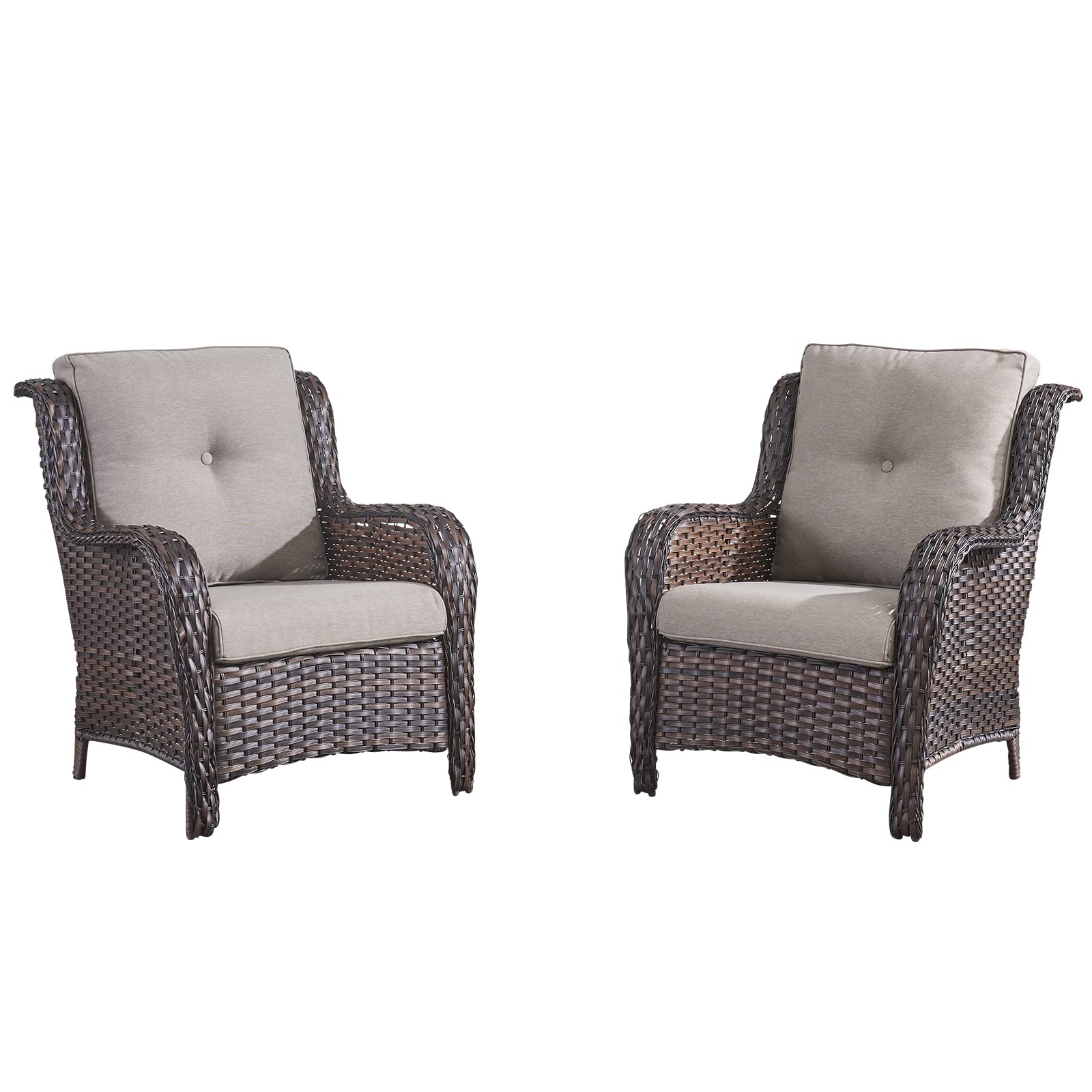 HUMMUH Outdoor Wicker Patio Chairs Set of 2 - PE Rattan Lounge Chairs with High Back & Curved Armrests, Includes 4
