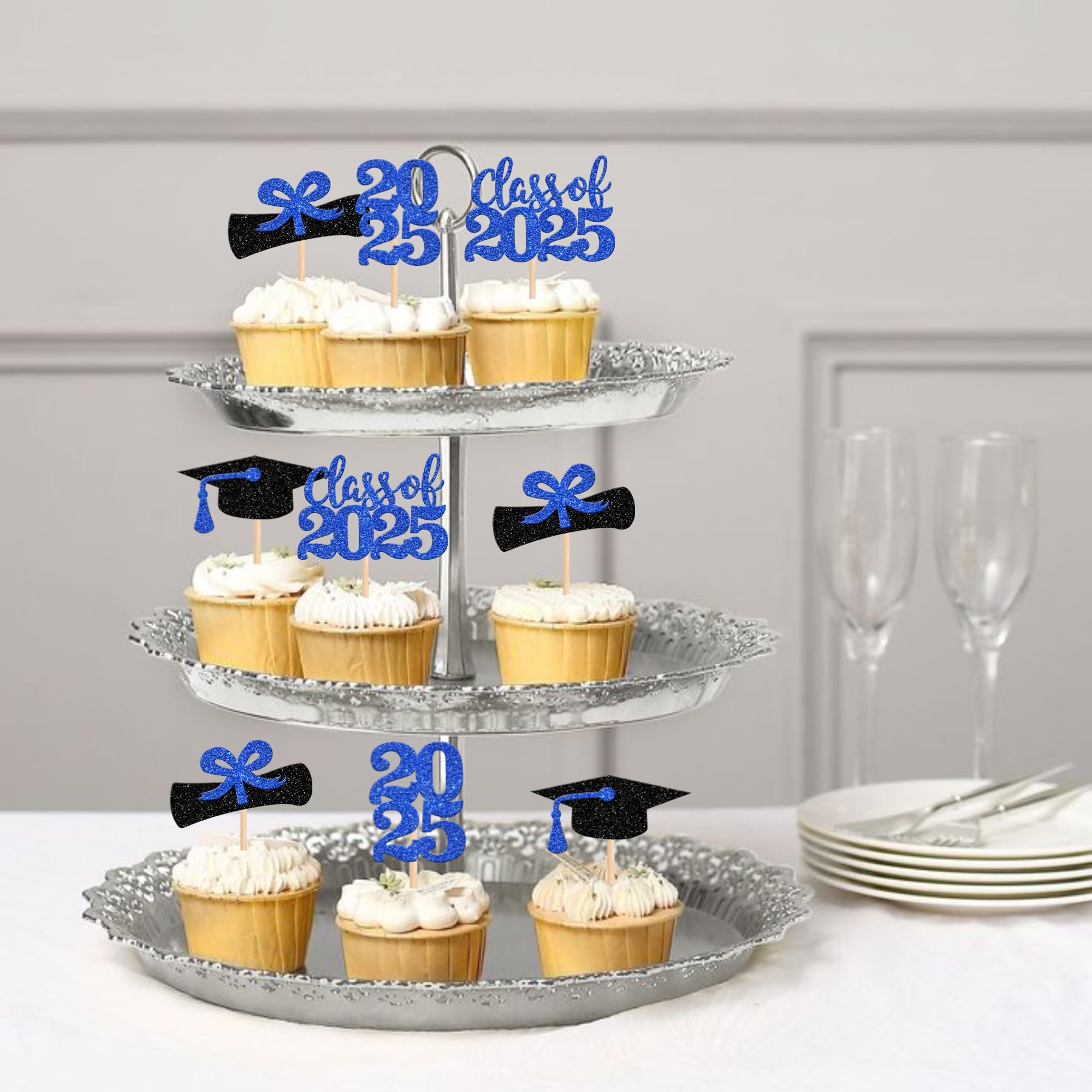 36 PCS Class of 2025 Graduation Cupcake Toppers - Glitter Graduation Cap & Diploma Cake Decorations - Deep Blue Party Supplies for Graduation Ceremony, School Party & Celebration Decor
