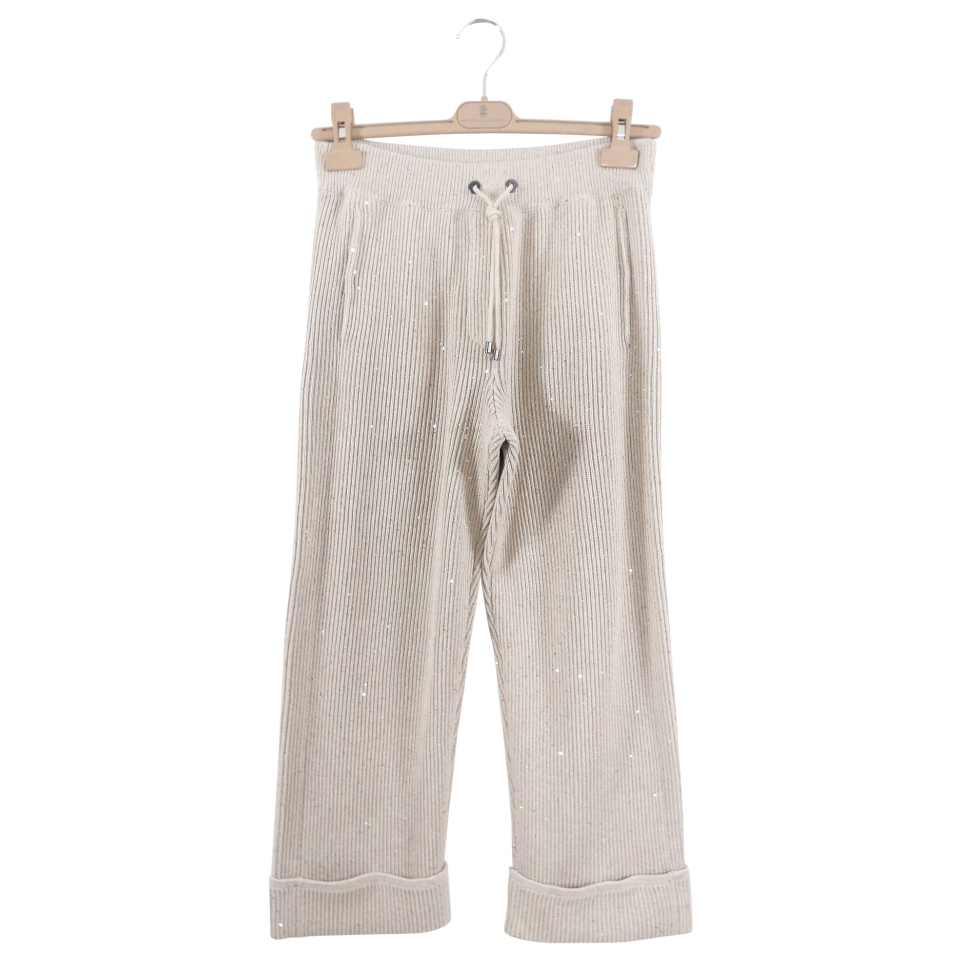 Brunello Cucinelli Beige Knit Sequin Wide Leg Jogger Pants for Women - Size S (6) - Comfortable Lounge Pants for Casual Wear, Travel & Home Relaxation
