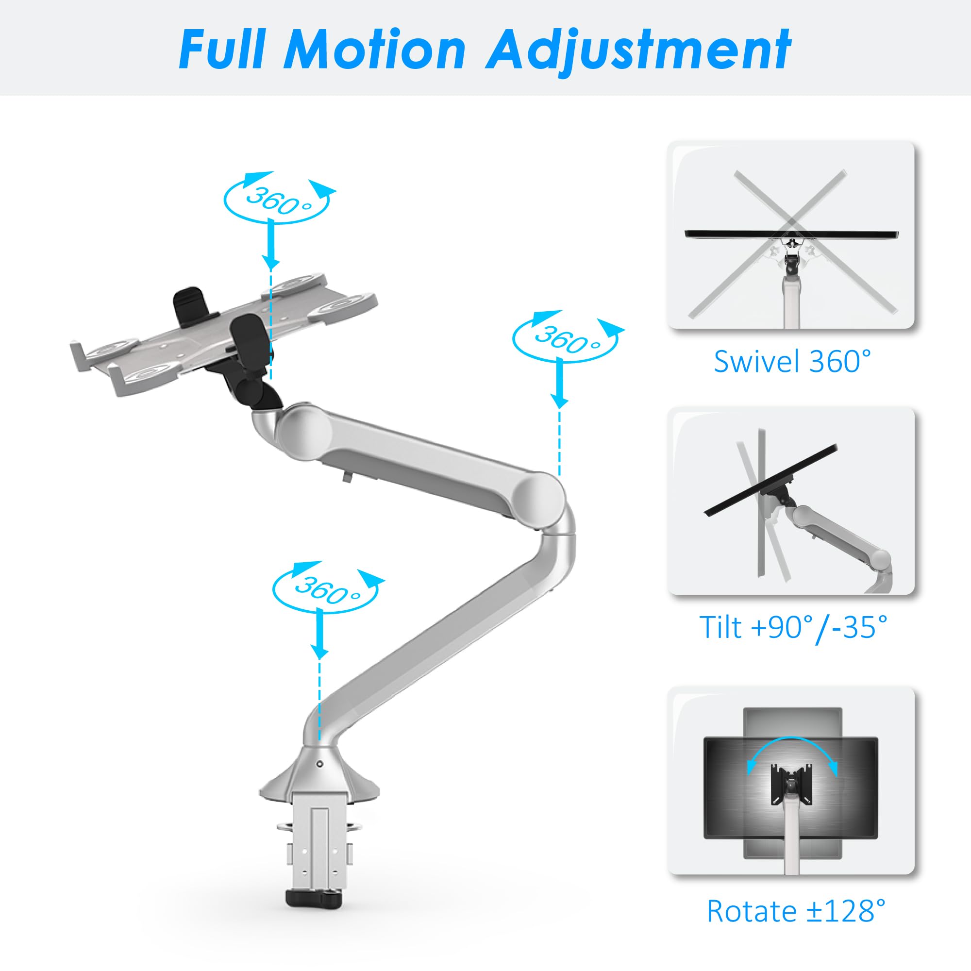 2 in 1 Adjustable Laptop Tray & Monitor Mount Stand - Ergonomic Aluminum Desk Arm for 13.1-16