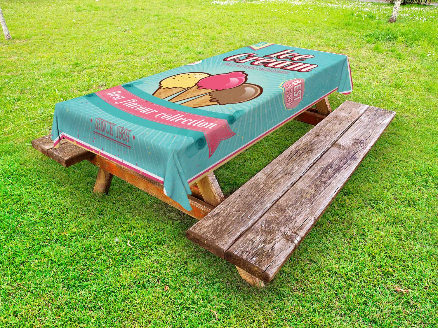 Ambesonne Ice Cream Themed Outdoor Tablecloth - Decorative Washable Picnic Table Cover with Free Topping Design, 58