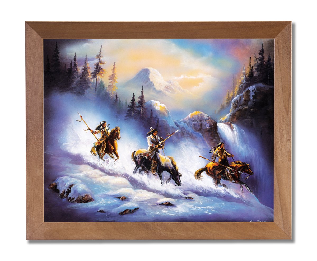 Indian Eagle Snow Warrior on Horse Wall Art - Handmade Honey Framed Print for Home & Office Decor | Perfect for Living Room, Bedroom, or Office Wall