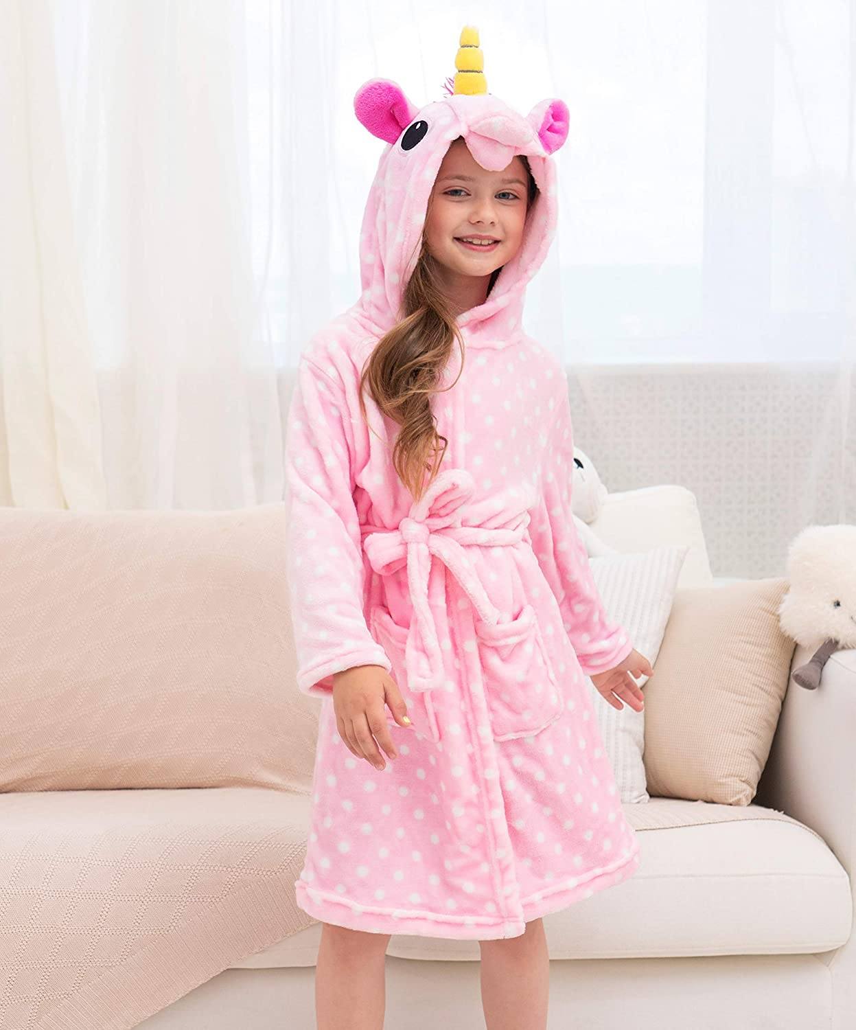 Soft & Cozy Unicorn Dots Bathrobe for Women & Girls - Plush Fleece Robe with Hood for Spa, Lounge & Relaxation at Home