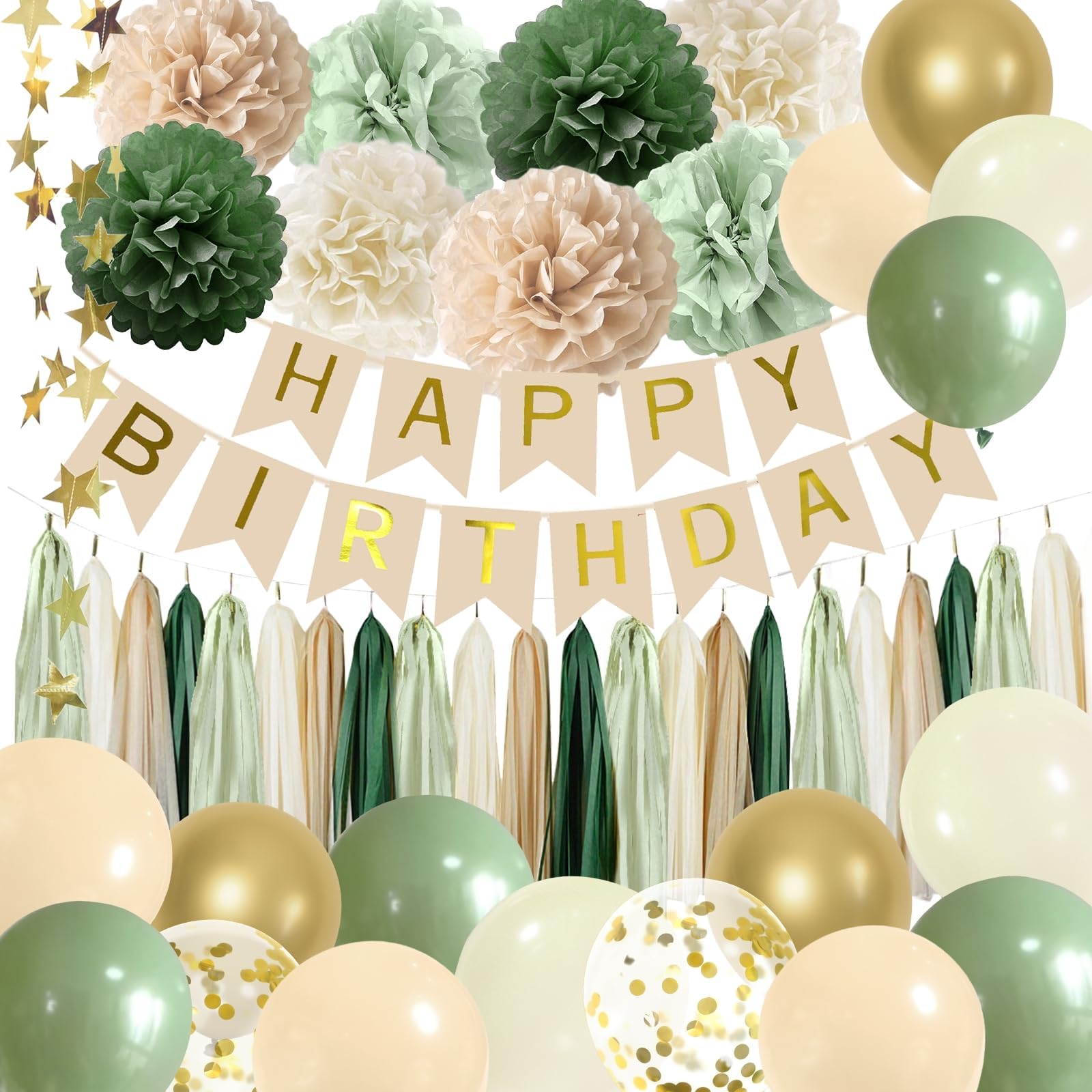 Sage Green Birthday Party Decorations Kit - Includes Banner, Tissue Tassels, Paper Pompoms, Balloons & Star Garland - Perfect for Women's Birthday Celebrations, Baby Showers & Bridal Showers