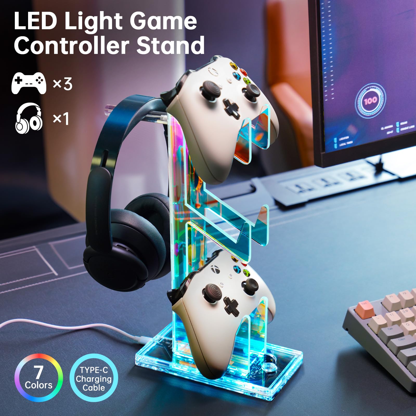 NiHome Iridescent Acrylic Multi-Tier Game Controller & Headset Holder Stand with Customizable LED Lighting - USB-Powered 7 Colors & 3 Modes, Anti-Slip Gaming Desk Organizer & Cable Management (3 Tiers) - Perfect for PS5, Xbox, Switch & PC Gaming Setup Accessories