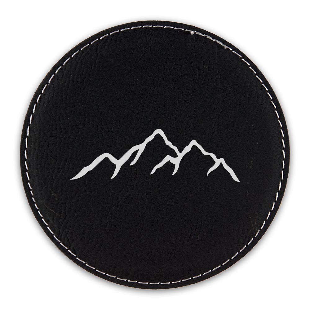 Premium Leatherette Round Drink Coasters - Set of 6 Mountains Silhouette Design in Black & Silver - Perfect for Hiking, Skiing, Snowboarding & Outdoor Enthusiasts - Ideal for Home, Office or Cabin Decor