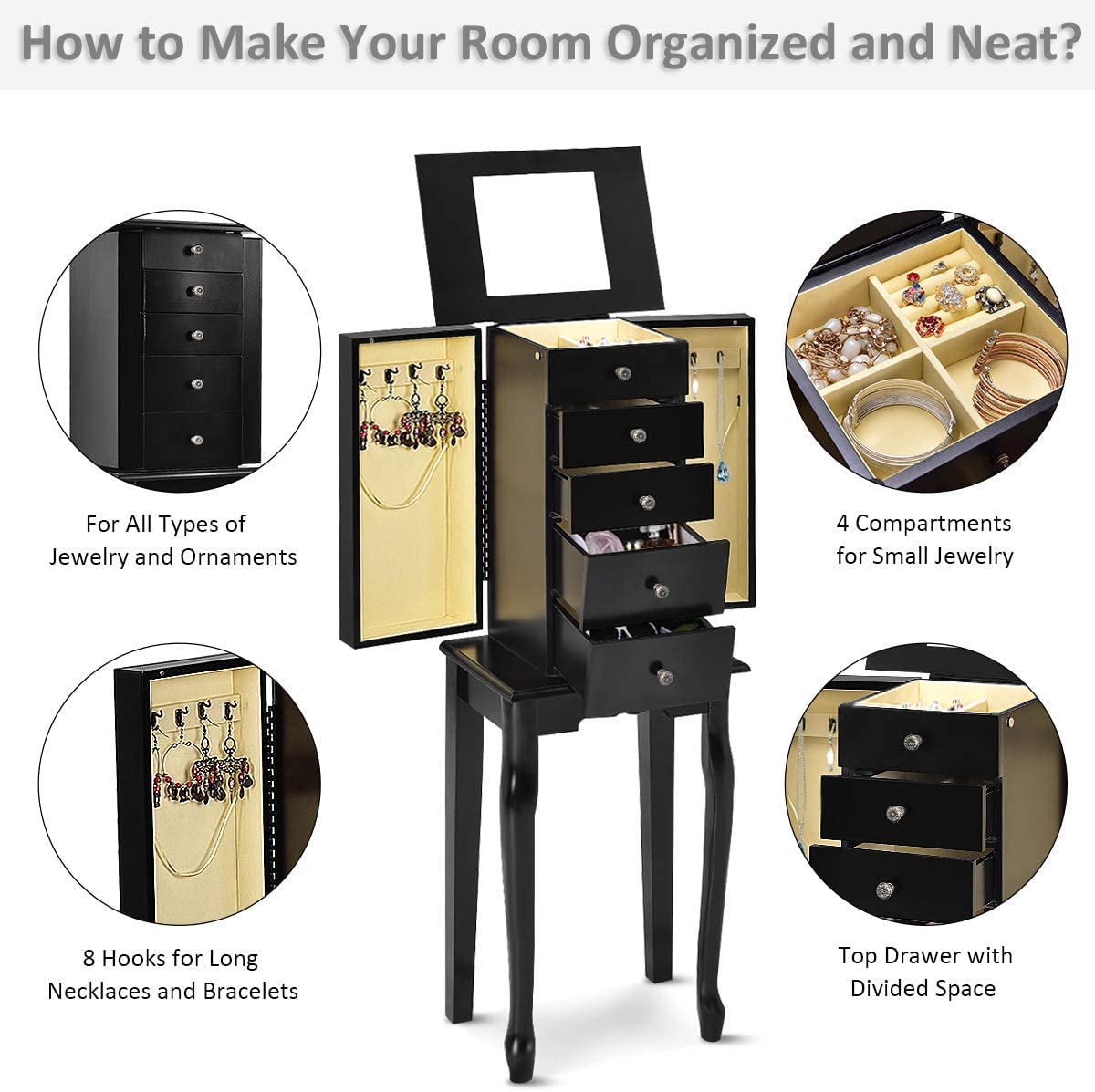 **LUARANE Jewelry Cabinet Armoire - 4 Drawers, 8 Necklace Hooks & Flip Top Mirror - Free Standing Jewelry Storage Organizer with 2 Side Swing Doors - Black - Perfect for Bedroom, Closet, or Dressing Room Organization**