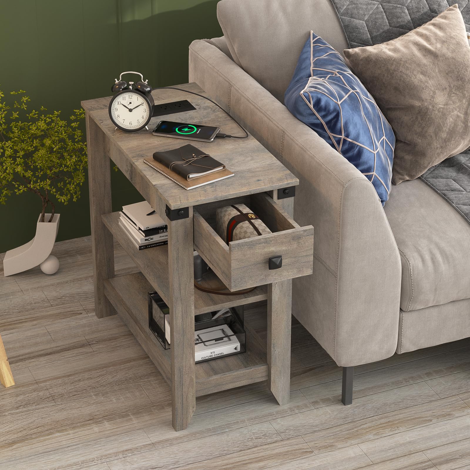Set of 2 Narrow End Tables with Charging Station & Storage Drawer - Rustic Grey Small Side Tables for Living Room, Bedroom Nightstand - Perfect for Small Spaces, Apartments & Dorm Rooms
