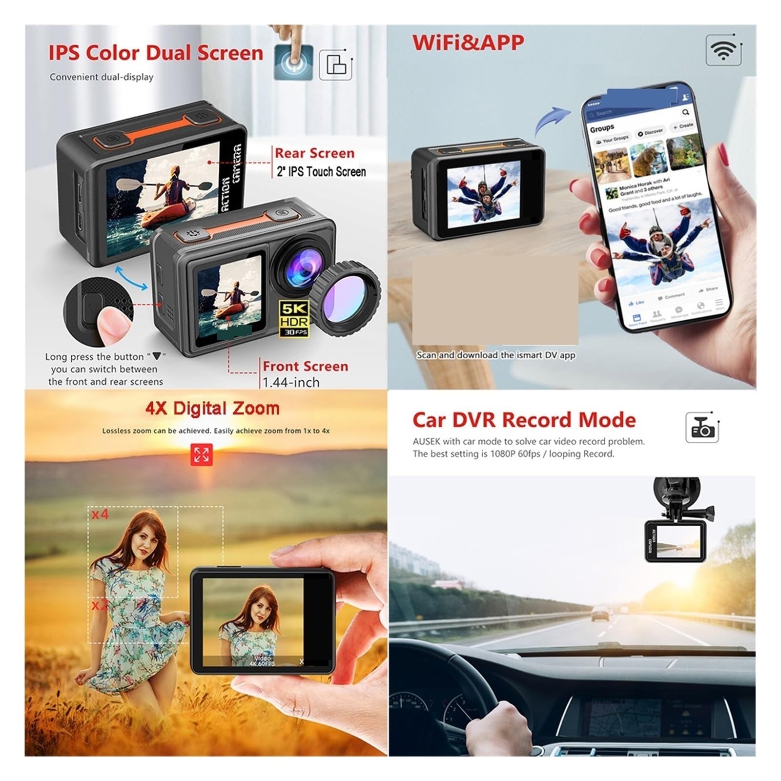 **MZZYG Dual Screen Action Camera 48MP EIS 5K Video with 6 Lens Kit - Waterproof Sports Camera for Vlogging, Diving, Cycling & Outdoor Adventures**