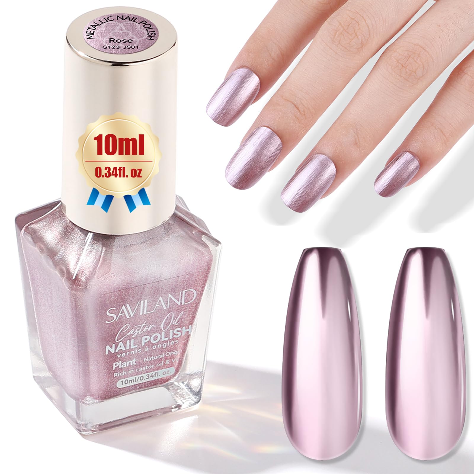SAVILAND Metallic Rose Gold Nail Polish - 0.34 oz Quick Dry Chrome Nail Lacquer with Castor Oil, Chip Resistant & Easy Removal | DIY Nail Art for Toes & Fingers | Perfect for Home Manicures, Parties & Special Occasions