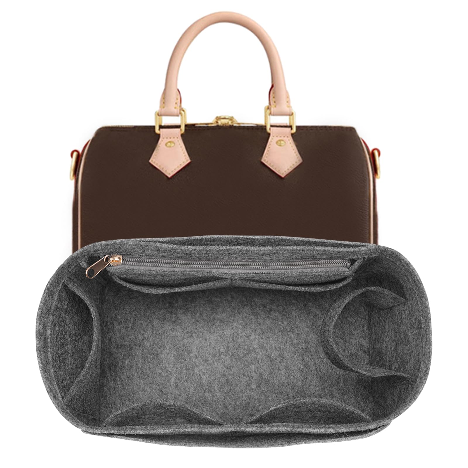 Premium Felt Purse Organizer Insert for Louis Vuitton Speedy 30 - Zippered Bag Tote Shaper in Grey (Large Size) - Perfect for Travel, Work & Everyday Use to Keep Essentials Organized