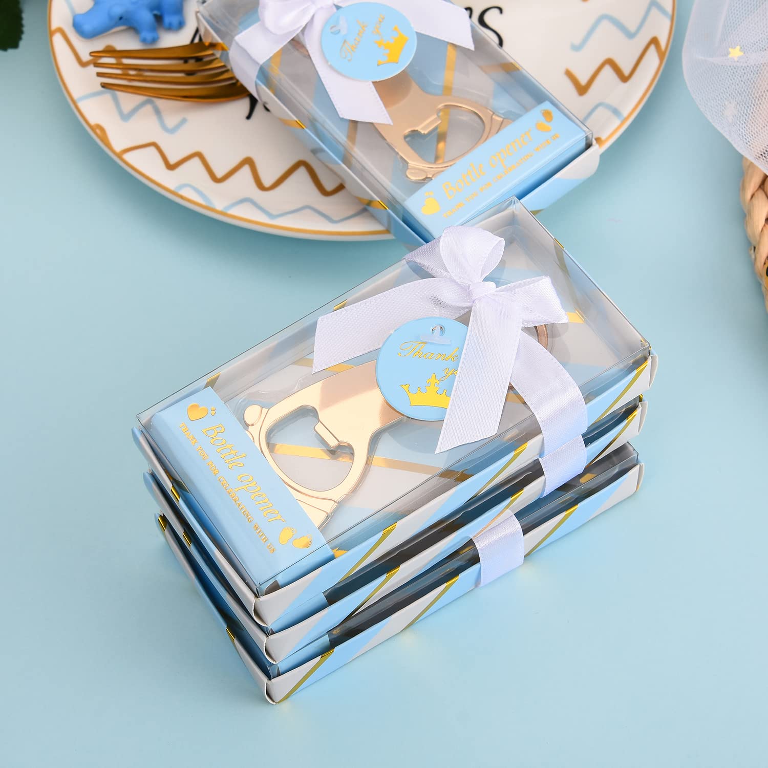 24Pcs Baby Boy Footprint Keychain Bottle Openers - Cute Baby Feet Shaped Keyrings with Bottle Opener Function - Perfect Baby Shower Favors, Birthday Party Gifts & Return Gifts (Comes in Blue Gift Boxes) - Great for Newborn Celebrations, Christening Parties & Gender Reveal Events