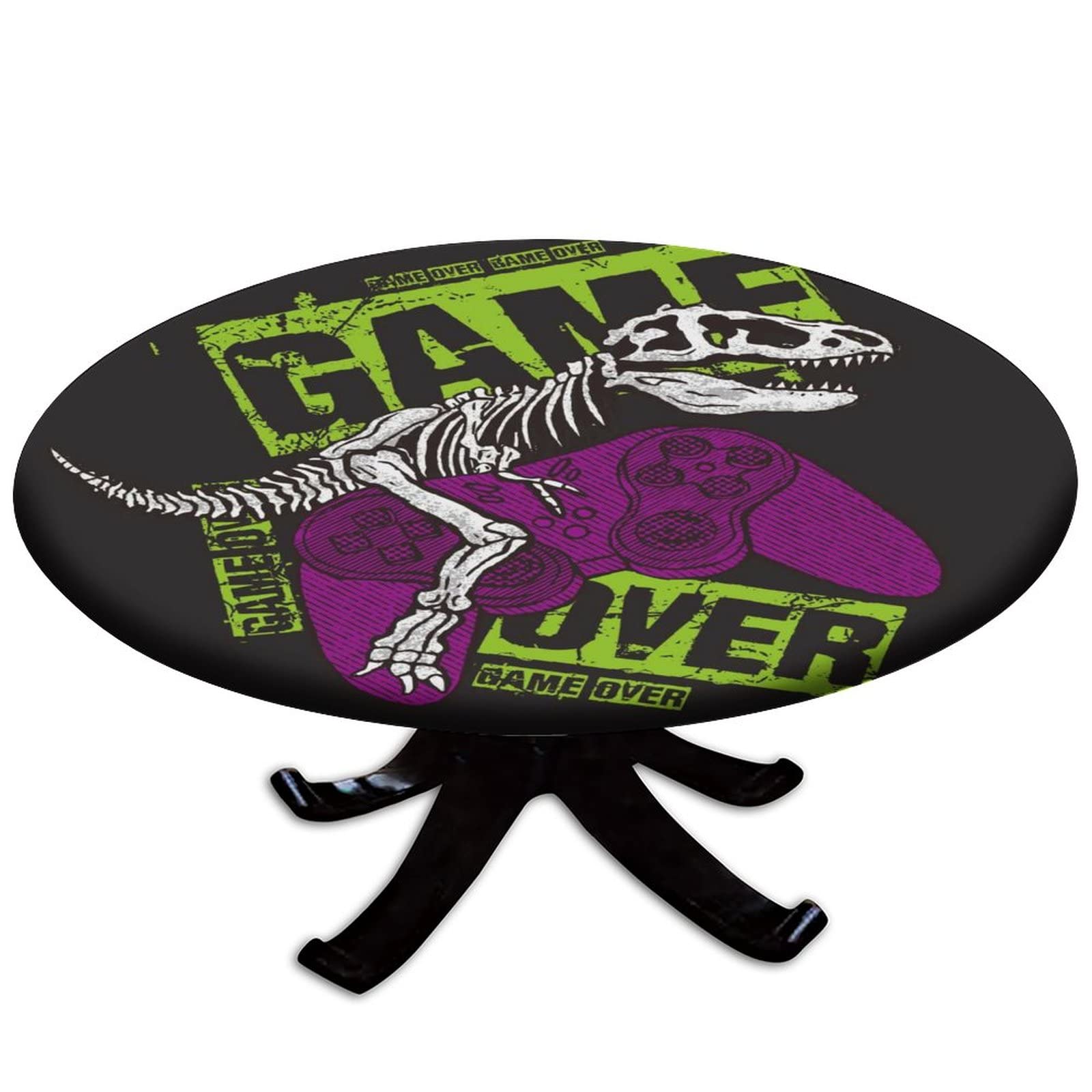 Elastic Edge Waterproof Round Tablecloth - Washable & Wipeable Gamepad Fitted Table Cover for 44 Inch Tables, Indoor Outdoor Party Decor, Picnic, BBQ, Dining & Events - Black 01