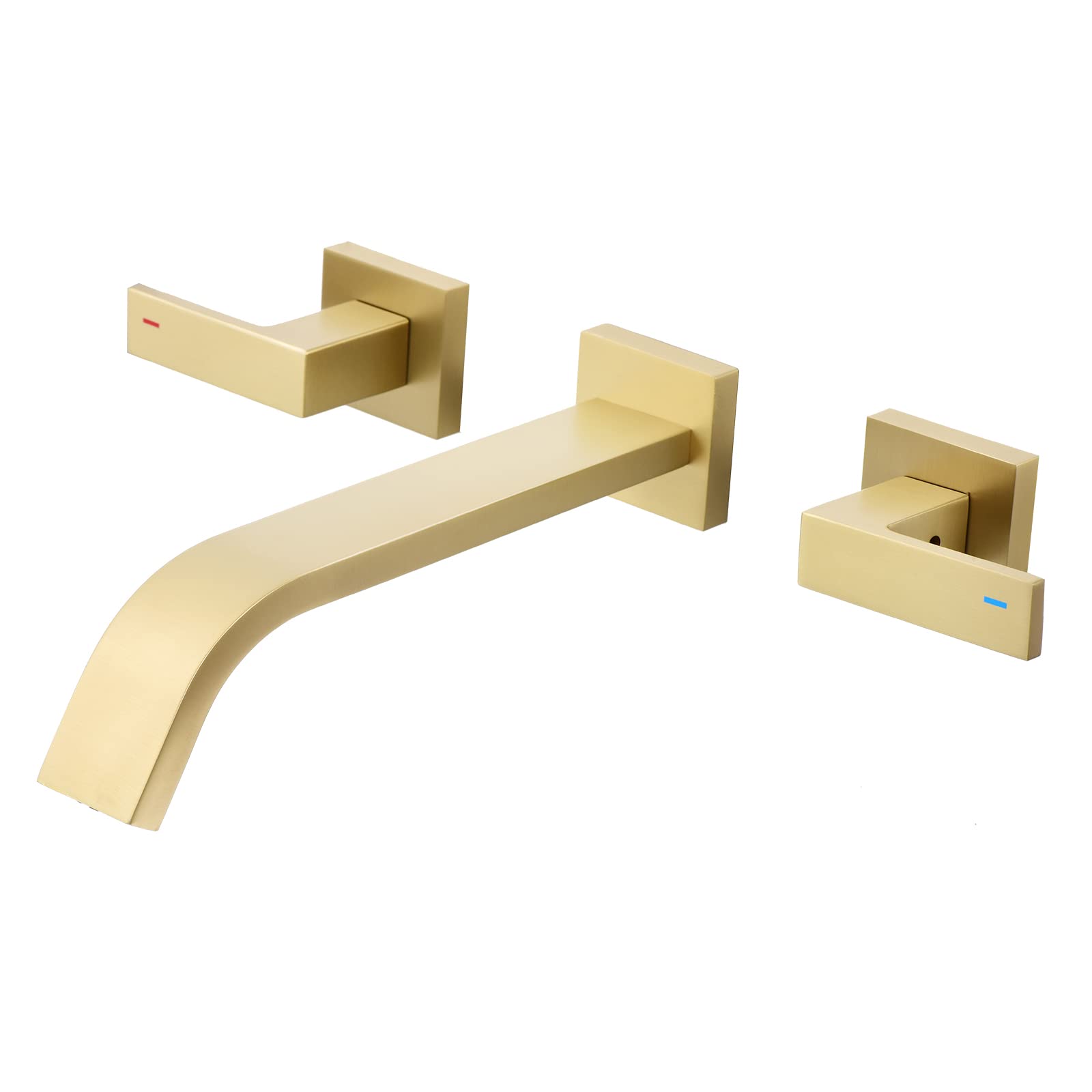 Brushed Gold Wall Mounted Bathroom Faucet - Dual Lever Handles Widespread 3-Hole Faucet for Vessel Sink - Brass Vanity Lavatory Sink Faucet with Rough-in Valve | Perfect for Modern Bathrooms, Powder Rooms & Luxury Home Decor