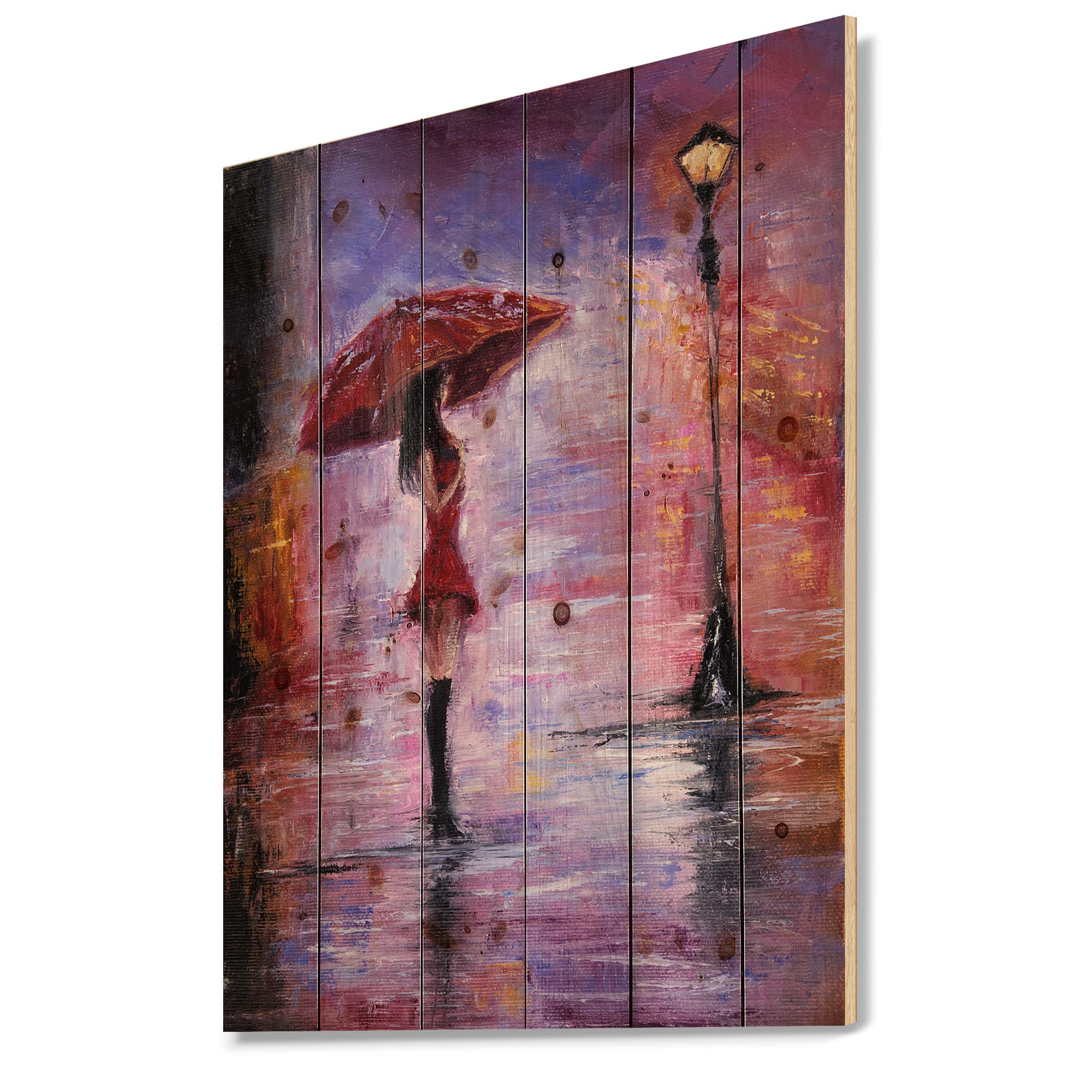 DesignQ Traditional Wood Wall Art - Woman in Red Walking with Umbrella Print on Natural Pine Wood, Large People Wall Decor for Living Room, Bedroom & Office