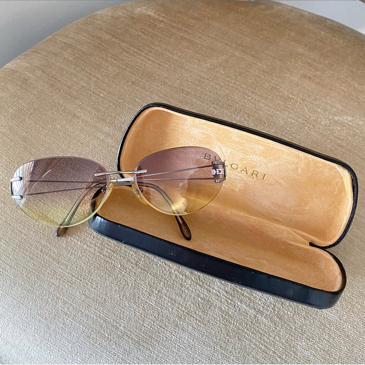Bulgari Oval Grey to Yellow Gradient Frameless Sunglasses for Women - Luxury Designer Shades for Summer & Beach - UV Protection Fashion Sunglasses for Outdoor Activities