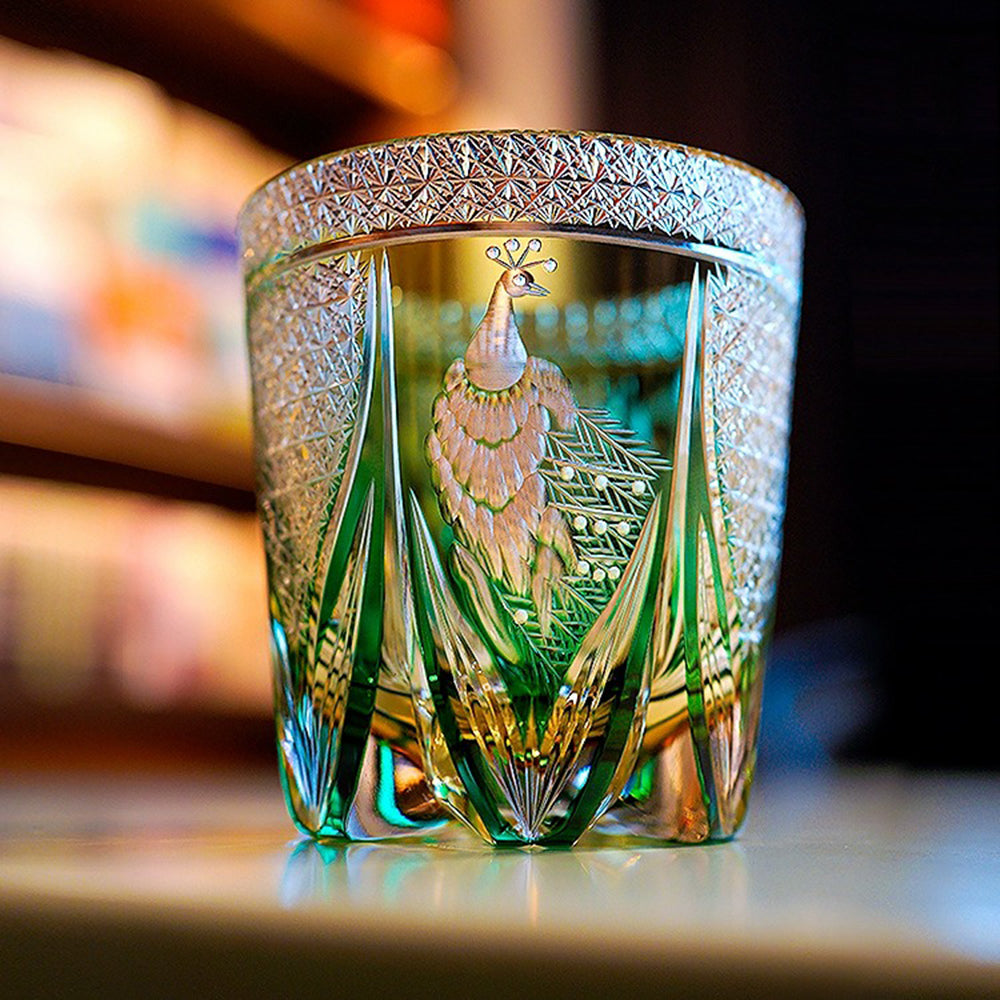 Handcrafted Edo Kiriko Violet Peacock Whisky Glass - Japanese Cut Crystal Tumbler for Scotch, Cocktails & Tea - Elegant Barware & Gift for Whisky Lovers