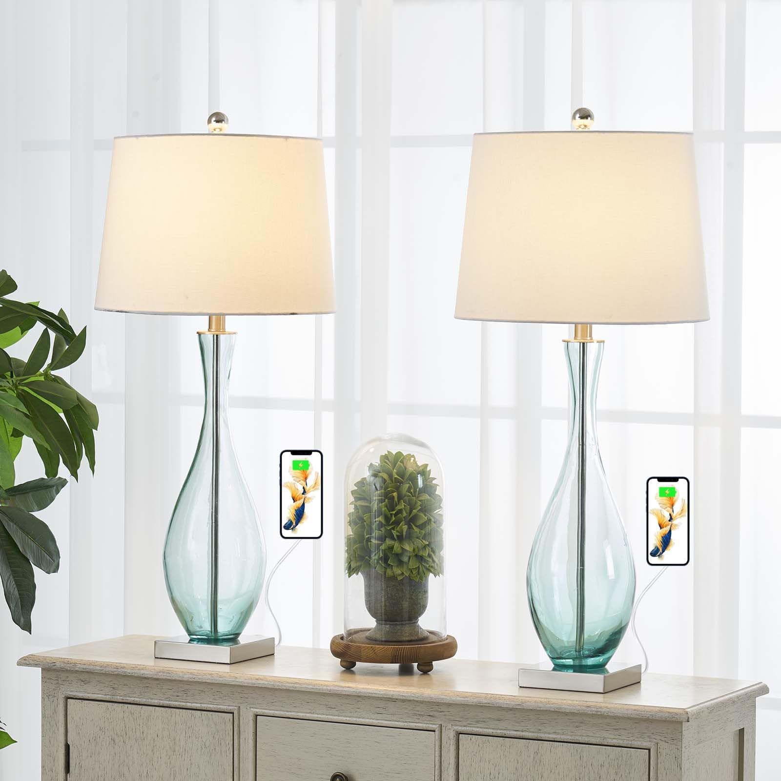 Maxax Traditional Table Lamps Set of 2 with 2A USB Ports, Glass Bedside Lamps with White Fabric Drum Shade - 31 Inches Tall Nightstand Lamps for Living Room, Bedroom, Office (Blue) - Perfect for Reading, Relaxing & Decorating