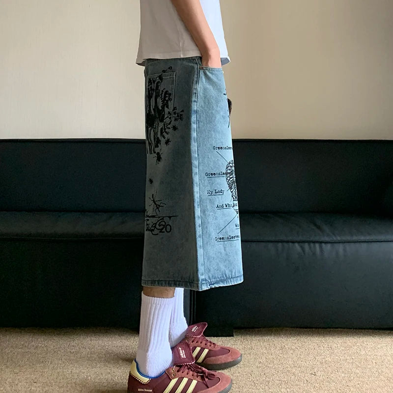 Vintage American Style Streetwear Denim Shorts for Men - Loose Fit Calf-Length Jeans | Trendy Summer Fashion | Perfect for Casual Outings, Beach Trips & Street Style Looks