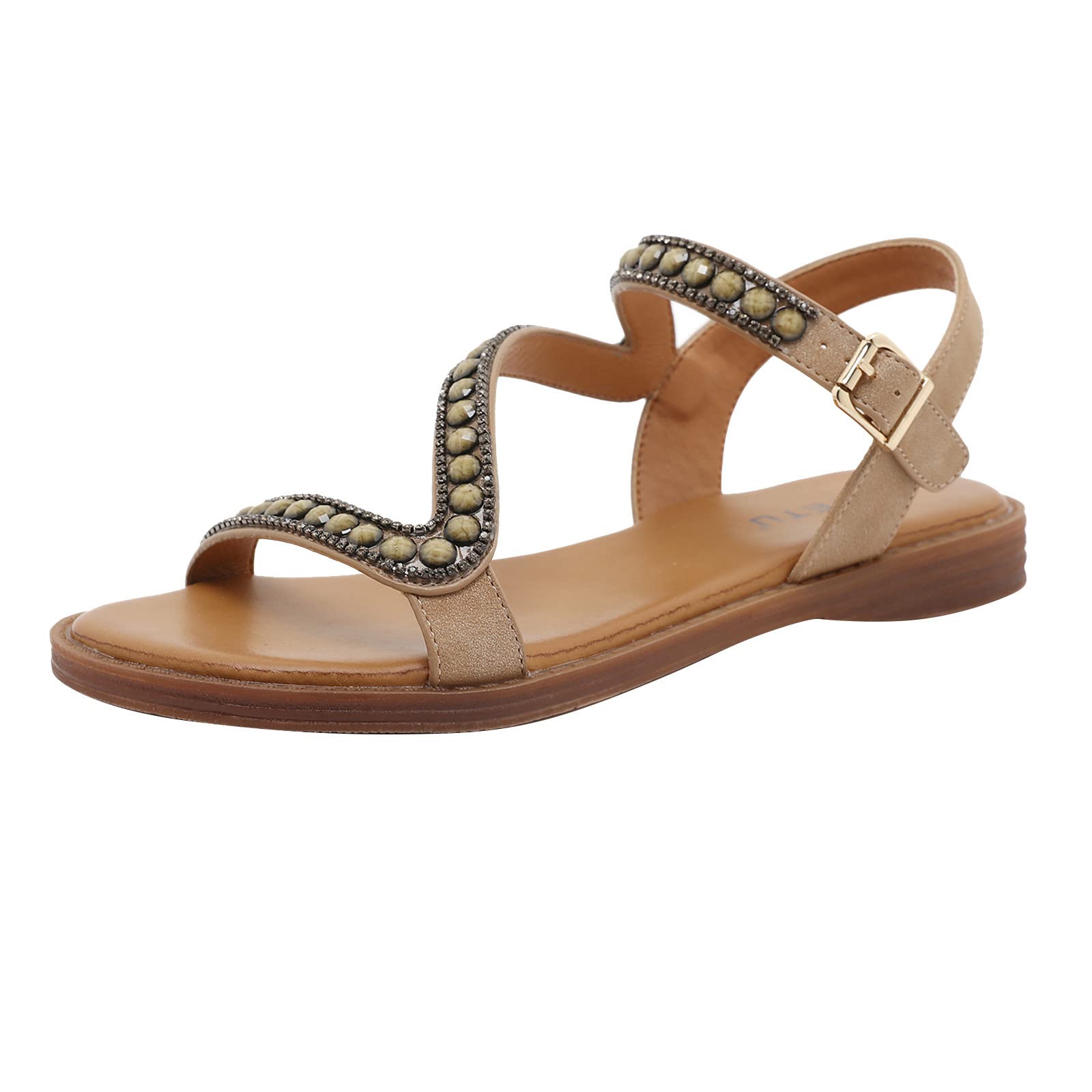 Women's Summer Flat Sandals with Belt Buckle & Rhinestones - Slip On Roman Sandals with Ankle Strap - Open Toe Beach Wedding Vacation Shoes