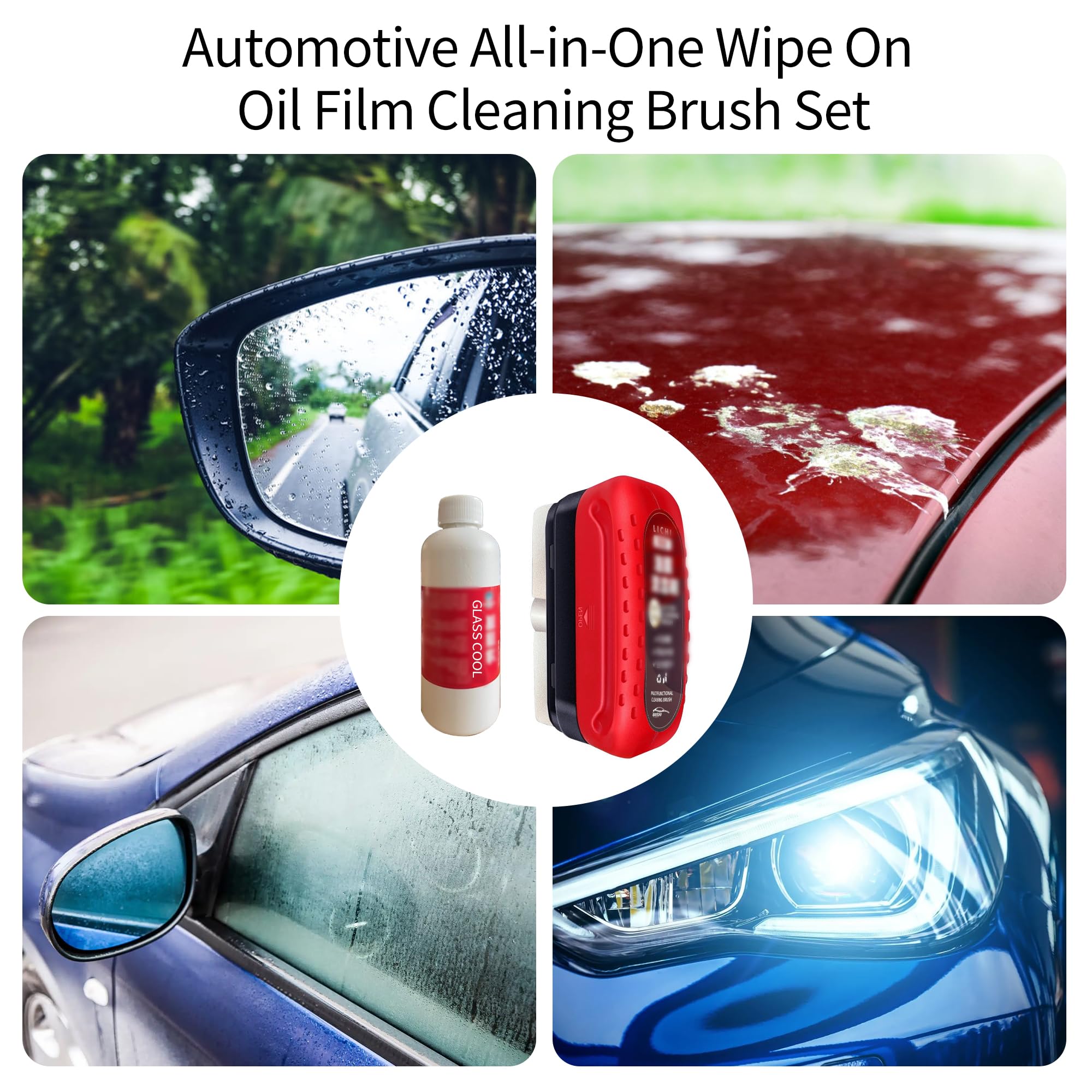 2025 Premium Car Glass Cleaner Kit - All-in-One Windshield Oil Film Remover & Hydrophobic Coating with Cleaning Brush (1 Brush, 4oz & 3.38oz Liquid) | Perfect for Car Windshields, Home Windows & Mirrors