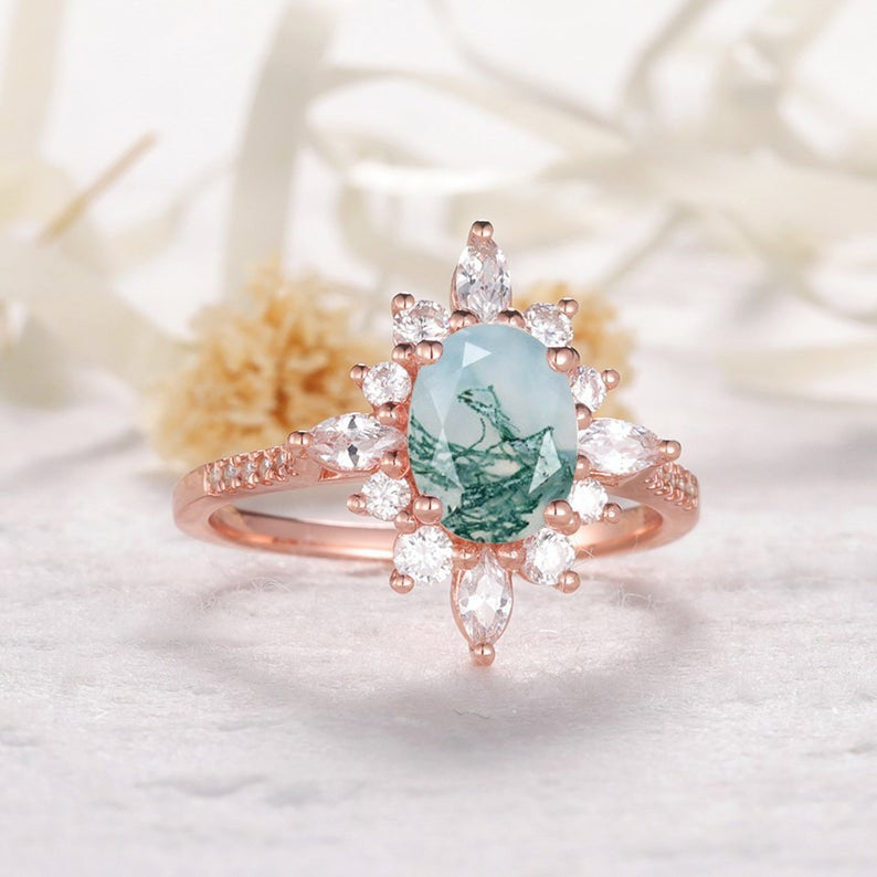 Vintage Moss Agate Diamond Halo Engagement Ring - 14K Gold Wedding Band for Women, Nature-Inspired Bridal Jewelry (Perfect for Proposals, Anniversaries & Romantic Occasions)