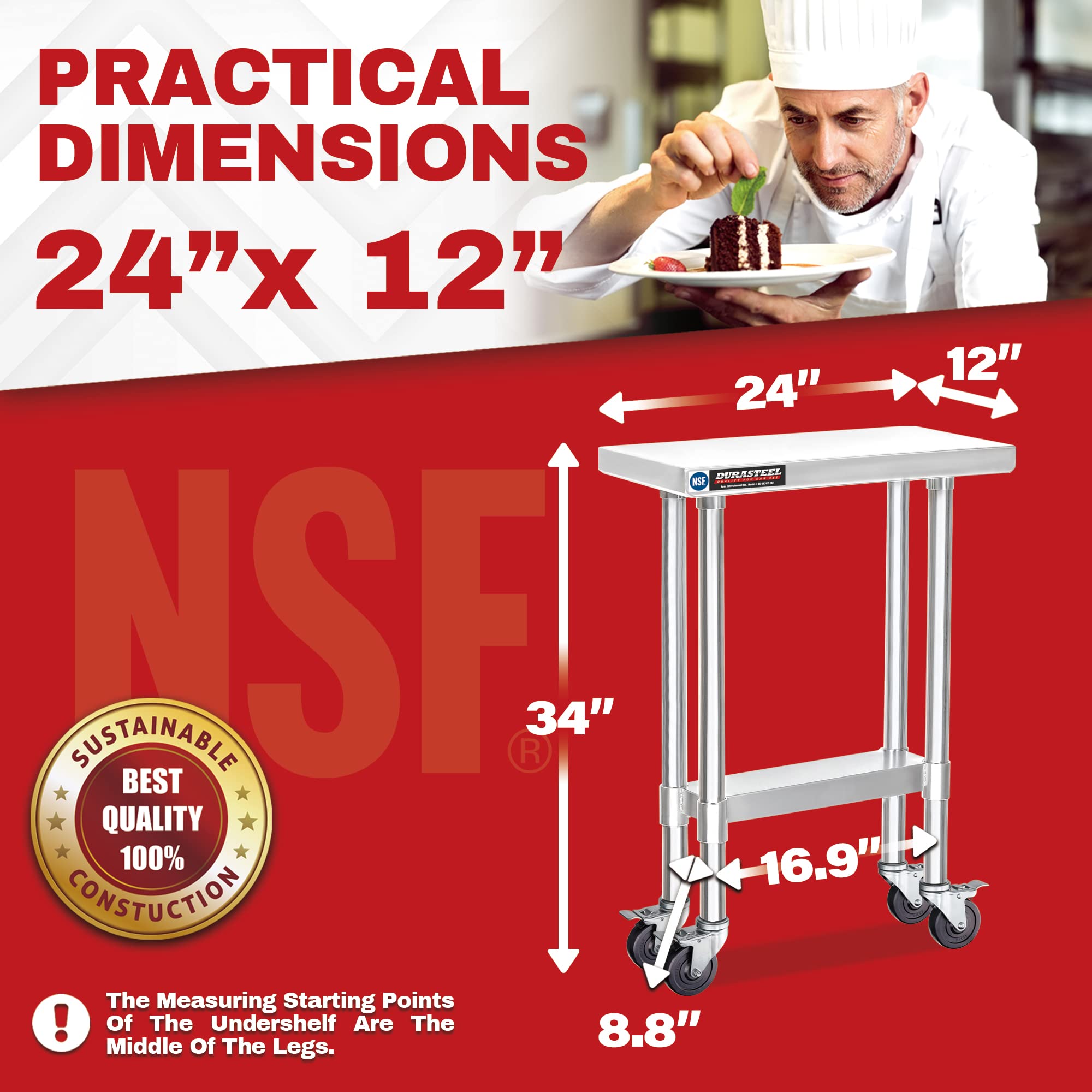 24x12 Inch NSF Certified Stainless Steel Food Prep Table - Commercial Grade Metal Workbench with Caster Wheels - Durable Restaurant Kitchen, Warehouse & Garage Utility Cart for Food Preparation, Cooking & Storage