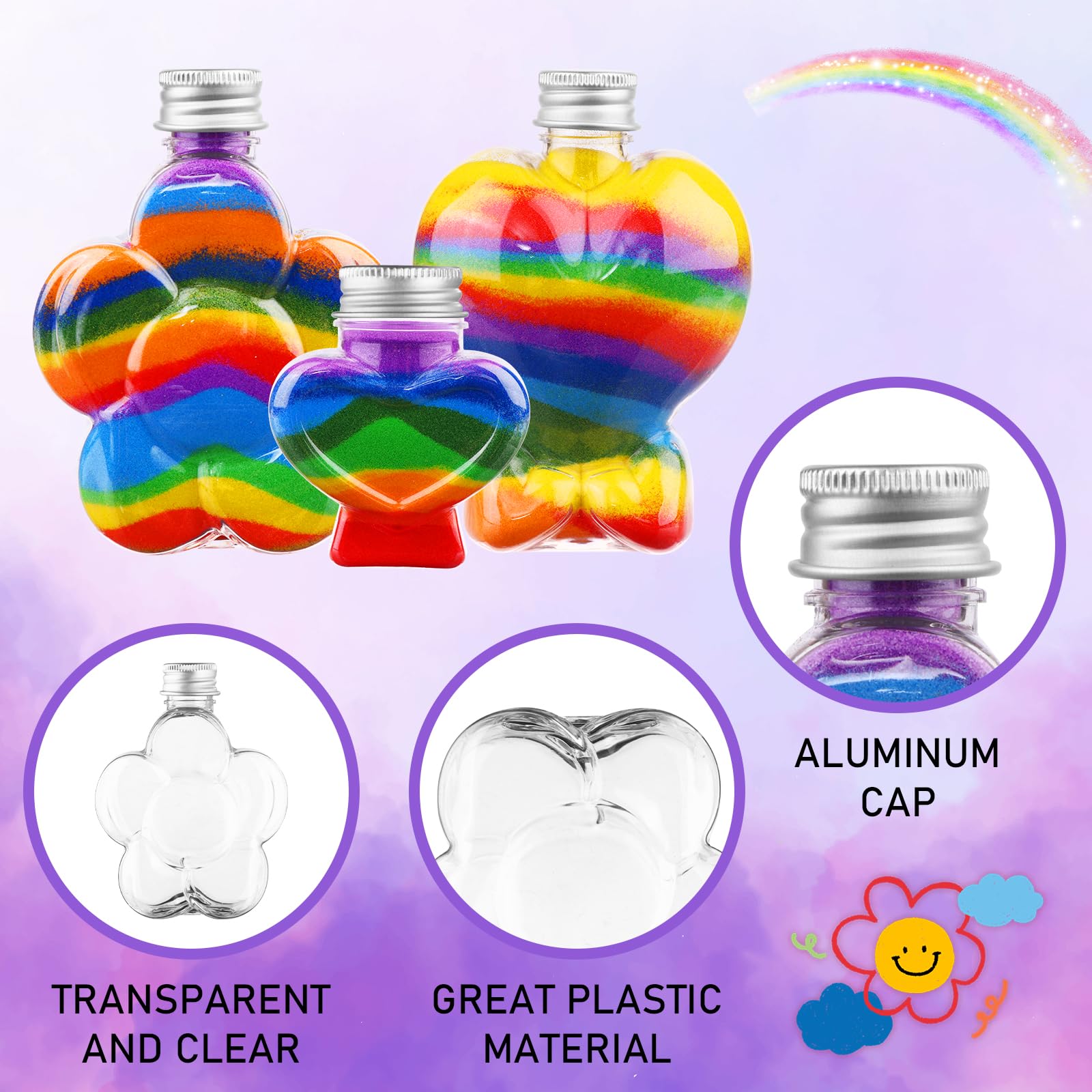 60Pcs Heart & Flower Shaped Plastic Bottles DIY Colored Sand Art Kit - Creative Kids Craft Activity for Birthday Parties, Classroom Projects & Sensory Play (6 Styles)