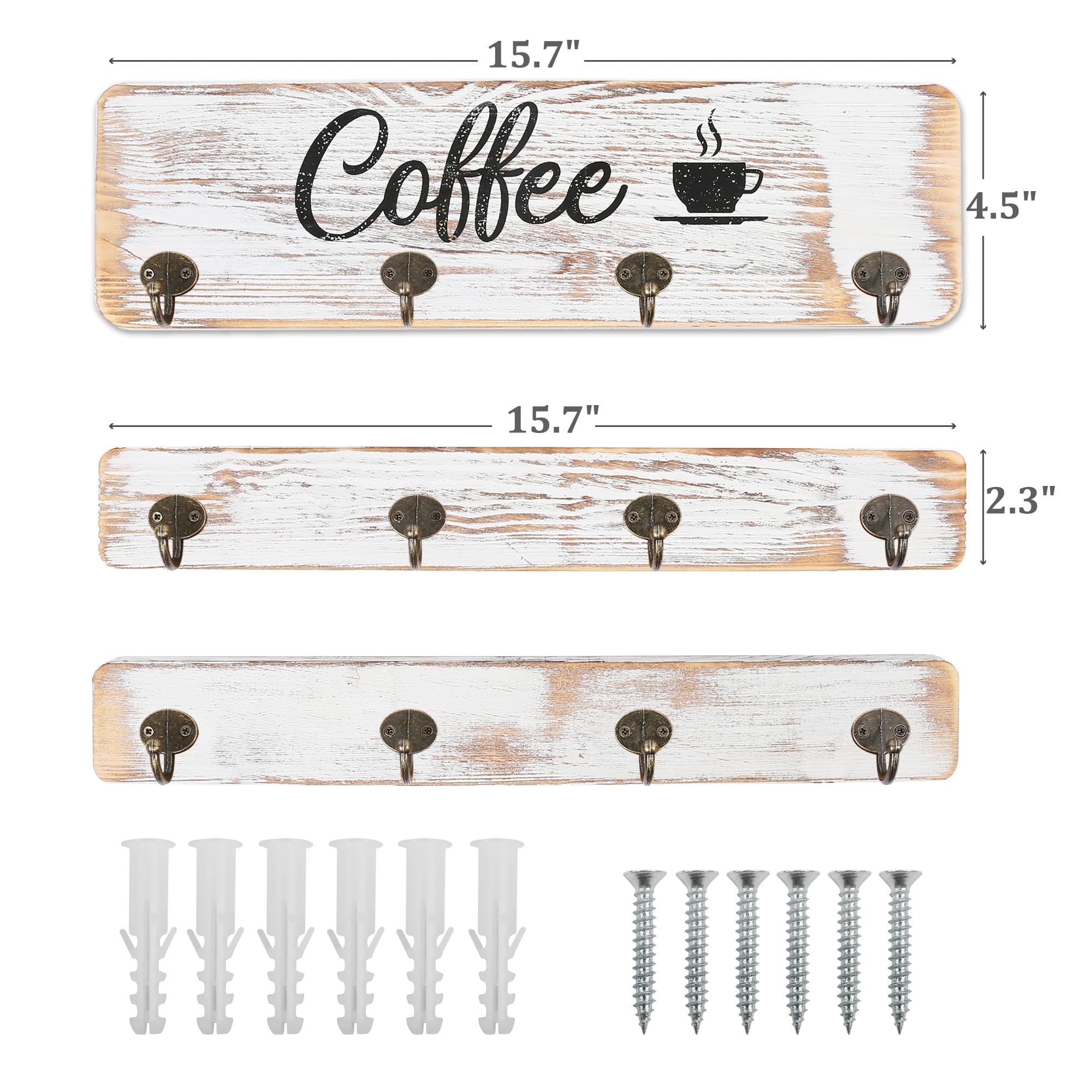 LotFancy Rustic Wall Mounted Coffee Mug Rack - Farmhouse Wood Cup Organizer with 12 Hooks for Home, Office & Kitchen Storage - White Coffee Nook Décor | Perfect for Small Space Organization & Coffee Bar Display