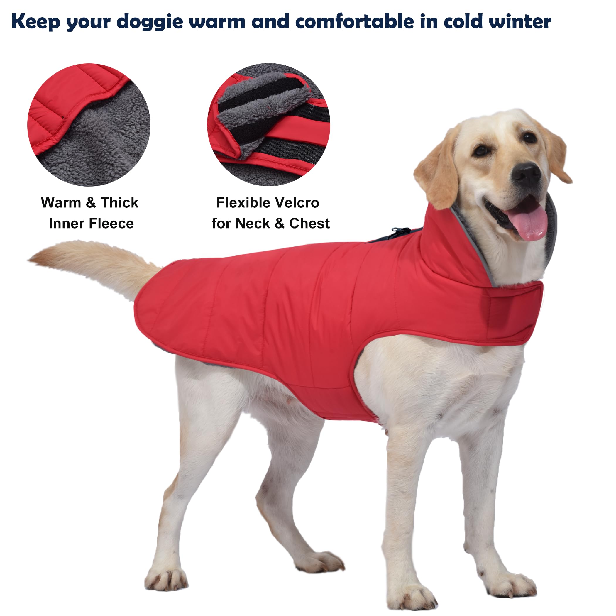 Waterproof Reflective Dog Winter Coat with Leash Hole - Windproof Fleece Snow Jacket for Small, Medium & Large Dogs (Red, Size L) - Keep Your Pet Warm & Safe During Outdoor Adventures, Winter Walks & Cold Weather Activities