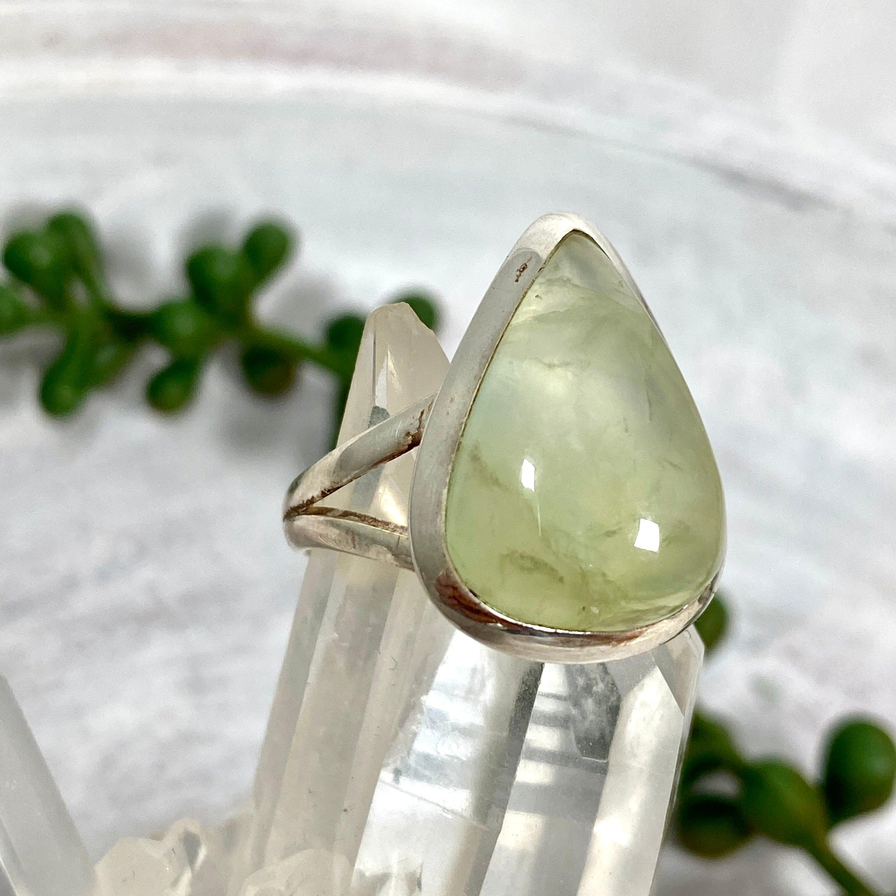 Prehnite Teardrop Ring - Sterling Silver 925, Size 9, KRGJ2465 - Elegant Jewelry for Women, Perfect for Weddings, Parties & Everyday Wear