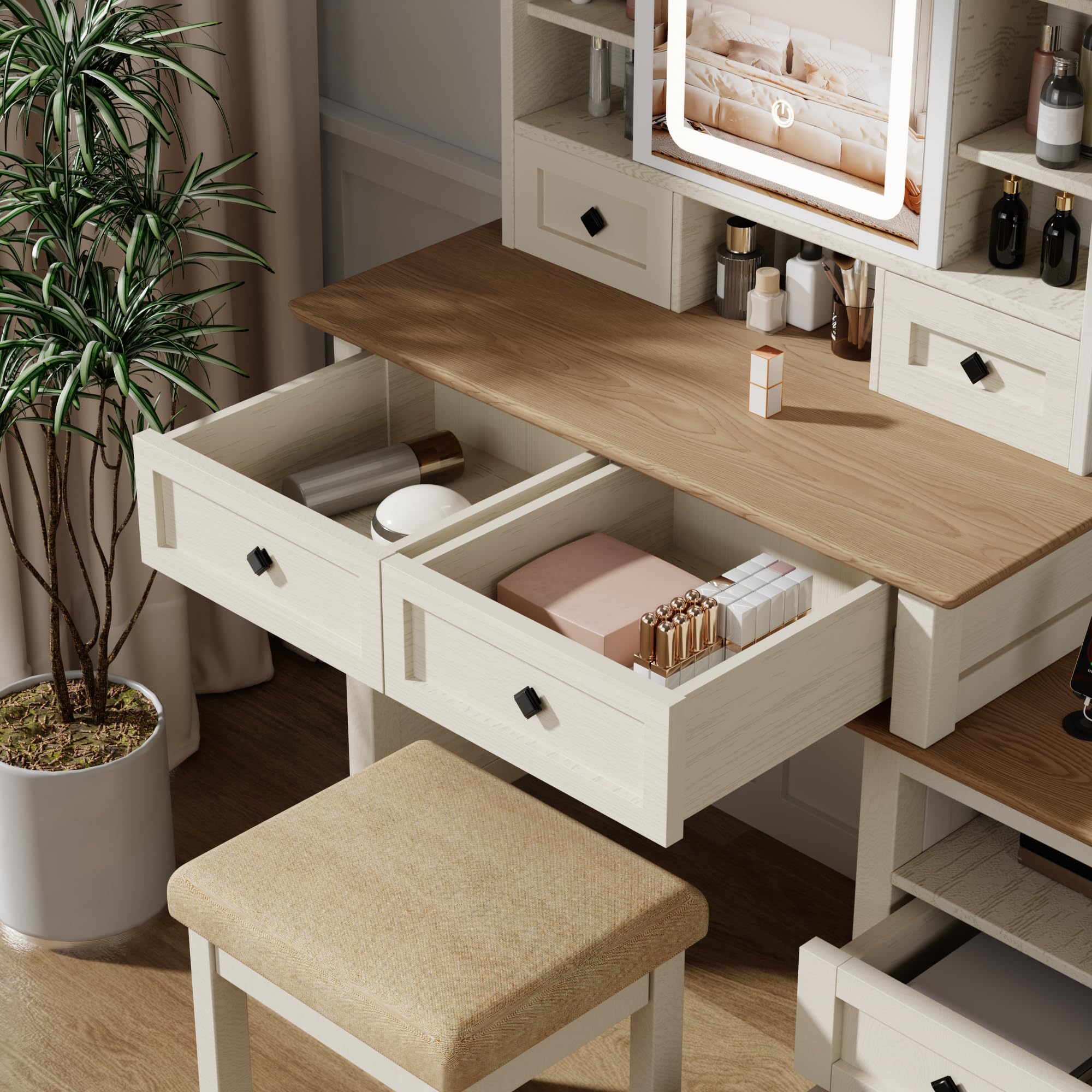Farmhouse Makeup Vanity Desk with Sliding Mirror, LED Lights & Charging Station - Antique White Vanity Table Set with 6 Drawers, Nightstand & Stool for Bedroom | 3 Color Lighting Options | Perfect for Women & Girls Makeup Routine (UBDT56W)
