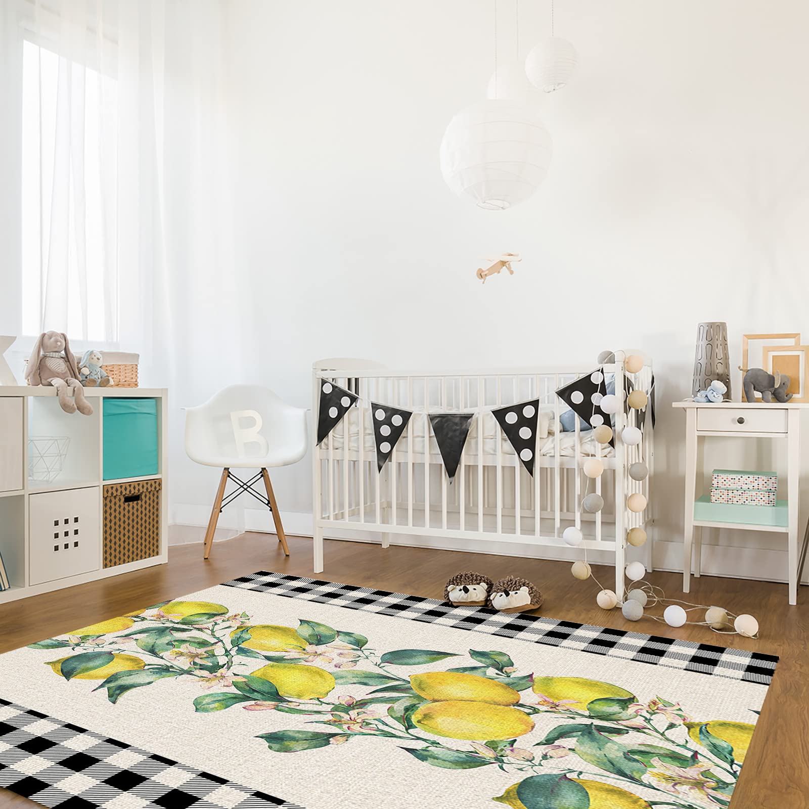 5'x8' Non-Slip Large Area Rug - Summer Lemon Floral Pattern, Soft Plush Carpet for Living Room, Bedroom, Kids Room & Kitchen Floor Cover - Retro Backdrop for Home Decor, Photo Shoot & Cozy Interior Design