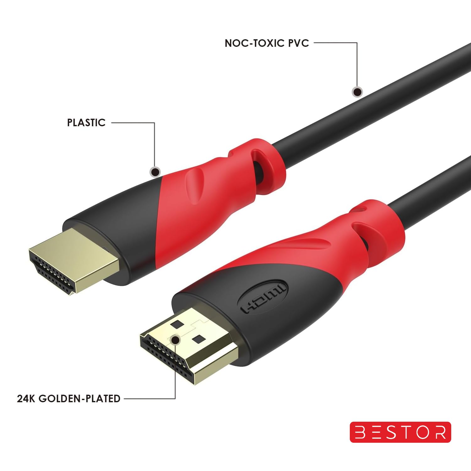 BESTOR 4K 60Hz HDMI Cable with ARC Support - 3M PVC Braided Cord for Smart TV, Laptop, Monitor, Projector (Red/Black) - Perfect for Home Theater, Gaming & Office Setup - Pack of 1