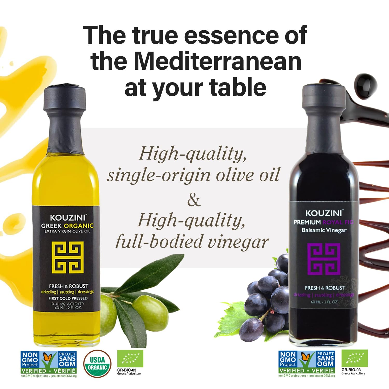 Premium Greek Extra Virgin Olive Oil & Balsamic Vinegar Gift Set - 2 Olive Oil Bottles + 3 Balsamic Vinegars (60ml Each) - Ideal for Salad Dressings, Gourmet Cooking & Kitchen Refills - Pack of 5