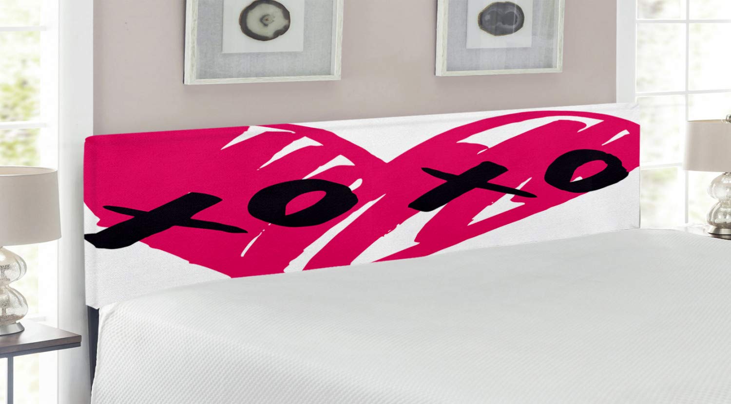 Ambesonne Xo King Size Upholstered Headboard - Romantic Lovers Heart with Kisses Abstract Calligraphy Design, Pink & Black Metal Bed Frame with Memory Foam | Perfect for Master Bedroom Decor & Couples Gift
