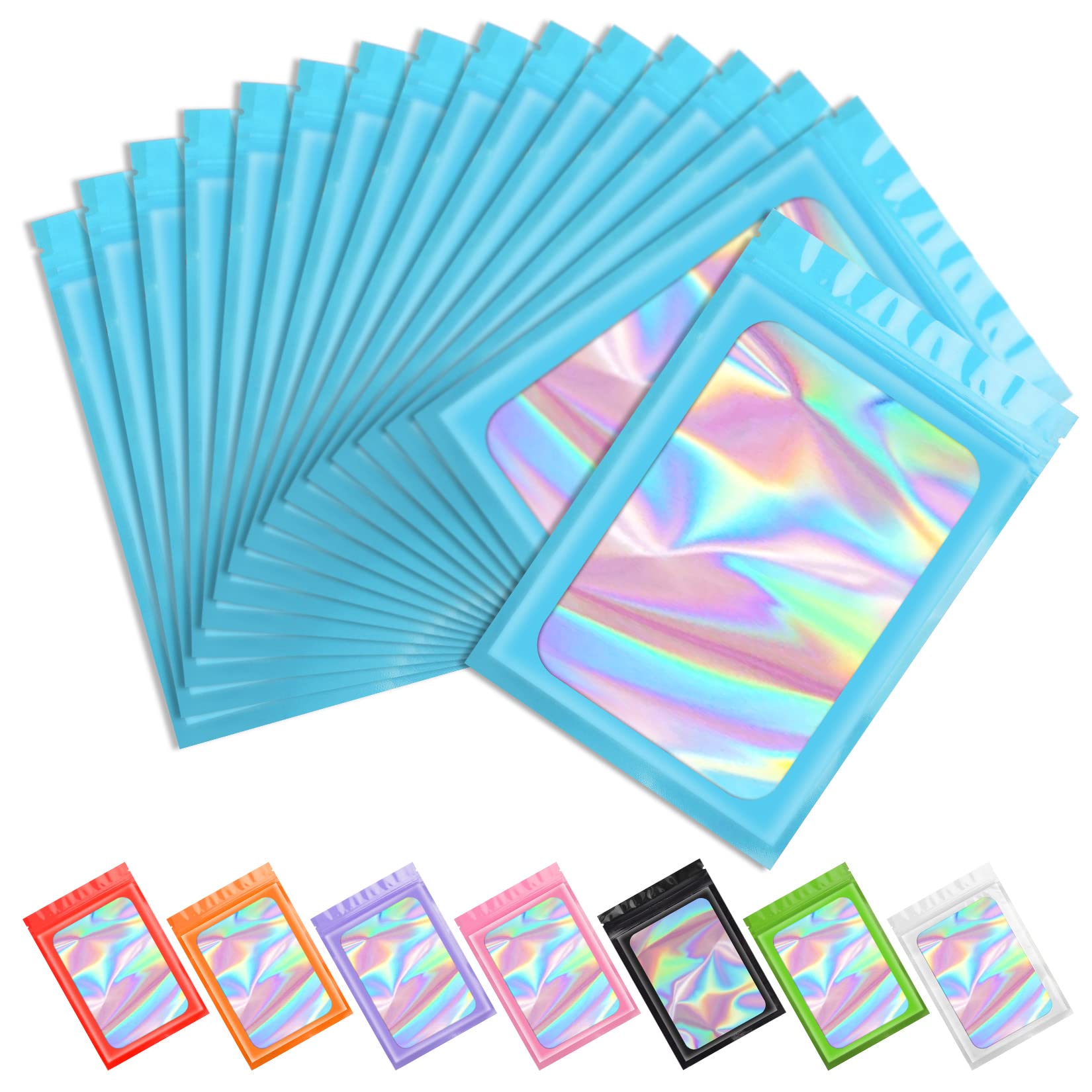 Funfery 100 Pack Blue Mylar Holographic Bags - 6.3x9.4 Inch Resealable Smell Proof Food Storage Bags | Airtight Zipper Pouch for Snacks, Coffee, Tea, Herbs & Small Business Packaging | Great for Home, Office & Travel Use