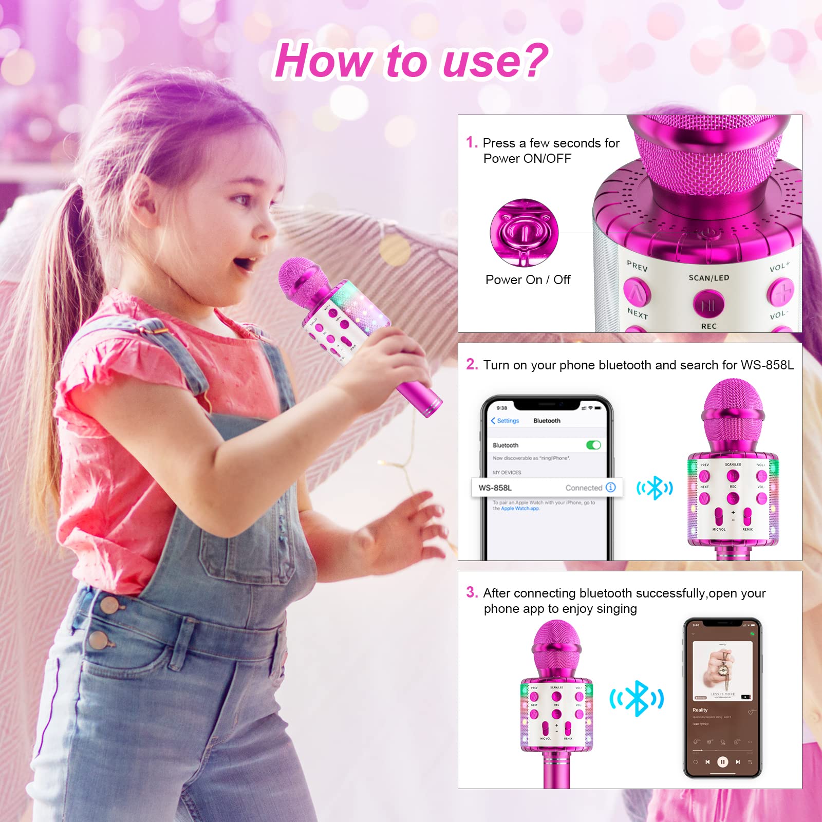 Wireless Bluetooth Karaoke Microphone with LED Lights for Kids - Portable Singing Mic, Recorder & Player for Parties, Birthdays - Perfect Gift for Girls & Boys Ages 4-14 (Rose Red) | Great for Home Karaoke, Travel Entertainment & Family Fun