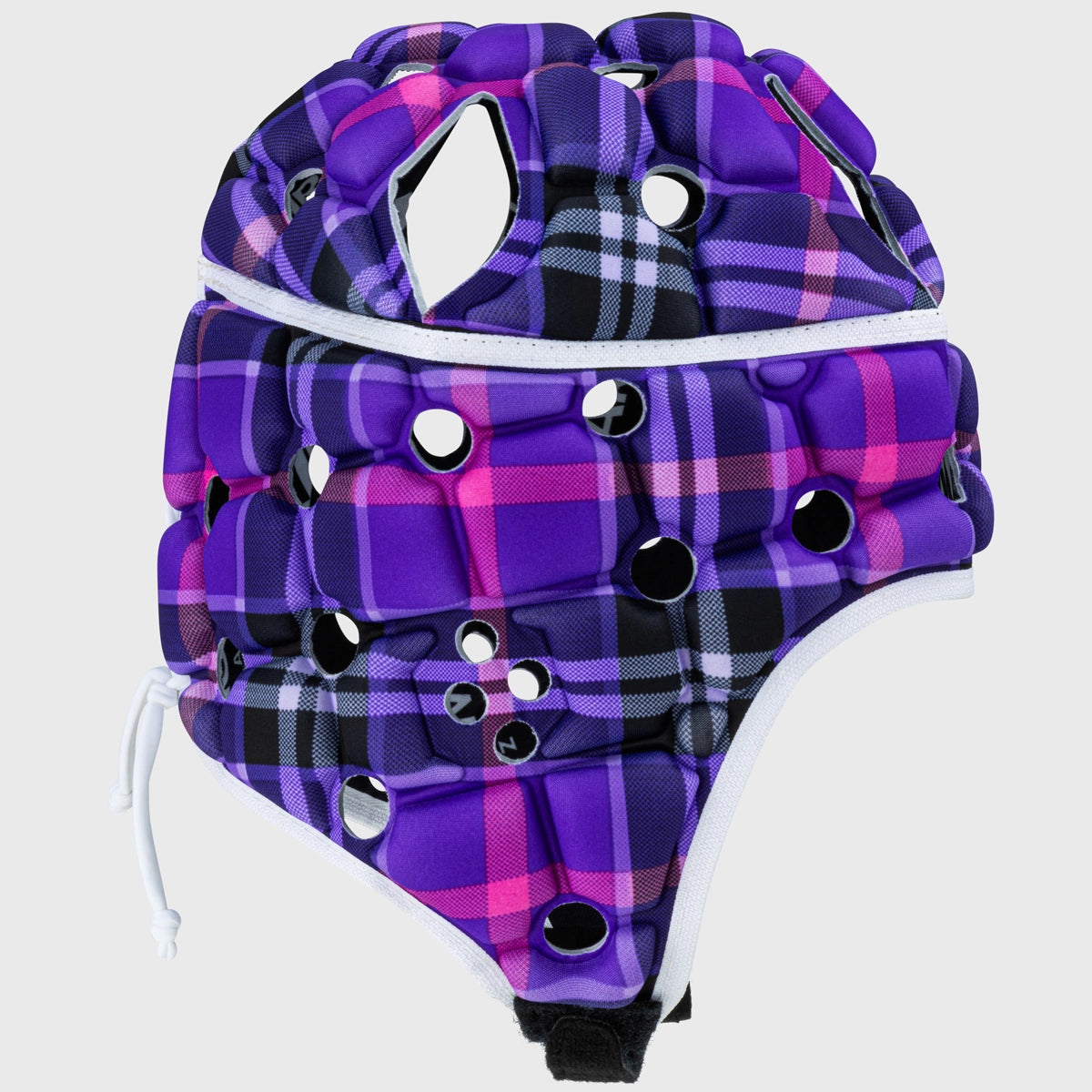 Kids Rugby Head Guard - Body Armour Ventilator Helmet in Purple Tartan for Youth Sports Safety | Perfect for Rugby, Football & Contact Sports Training