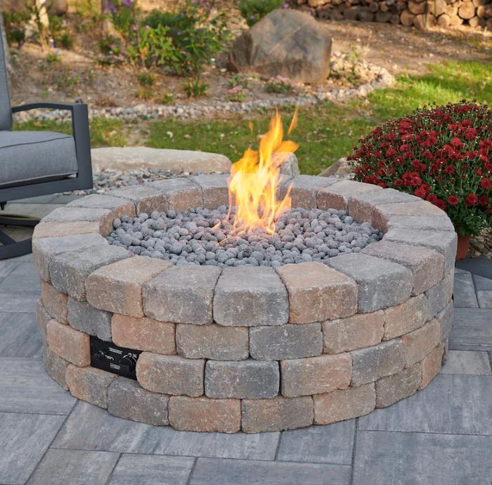 Bronson Block 52-Inch Round Outdoor Fire Pit Kit with 42-Inch Crystal Fire Burner - BRON52 K - Perfect for Backyard Gatherings, Patio Decor & Camping Nights