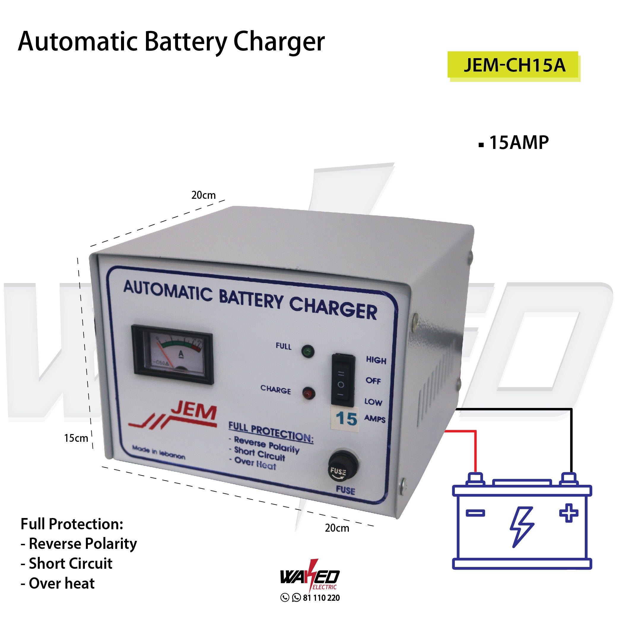 15AMP Automatic Battery Charger - Fast & Smart Charging for Cars, Boats, RVs & More - Perfect for Home, Garage & Outdoor Use
