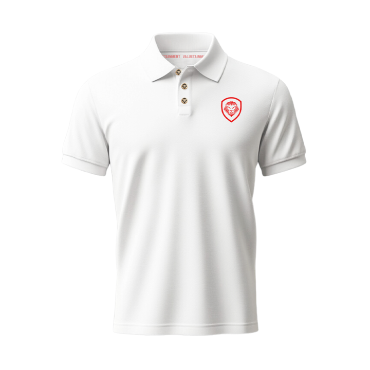 Premium White and Gold Polo Shirt with Lion Shield Design - Classic Fit Men's Casual Wear for Golf, Business & Outdoor Activities
