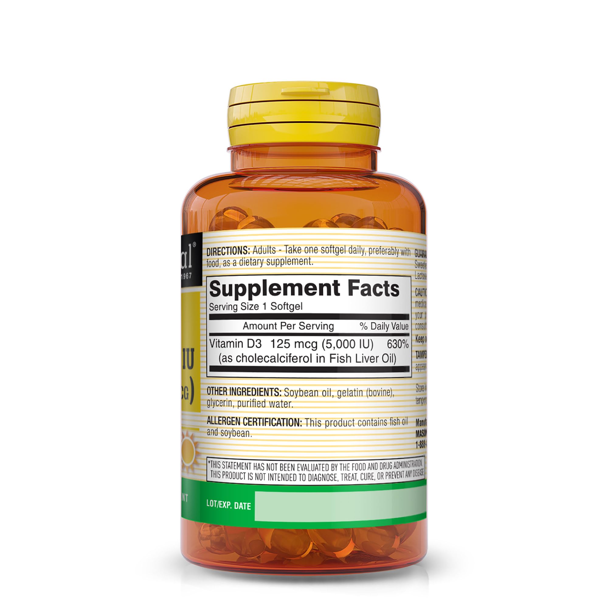 MASON NATURAL Vitamin D3 125 mcg (5000 IU) Softgels - Premium Fish Liver Oil Supplement for Bone & Muscle Health, Immune Support | Supports Calcium Absorption, Joint Function | Ideal for Adults, Seniors & Low Sunlight Exposure
