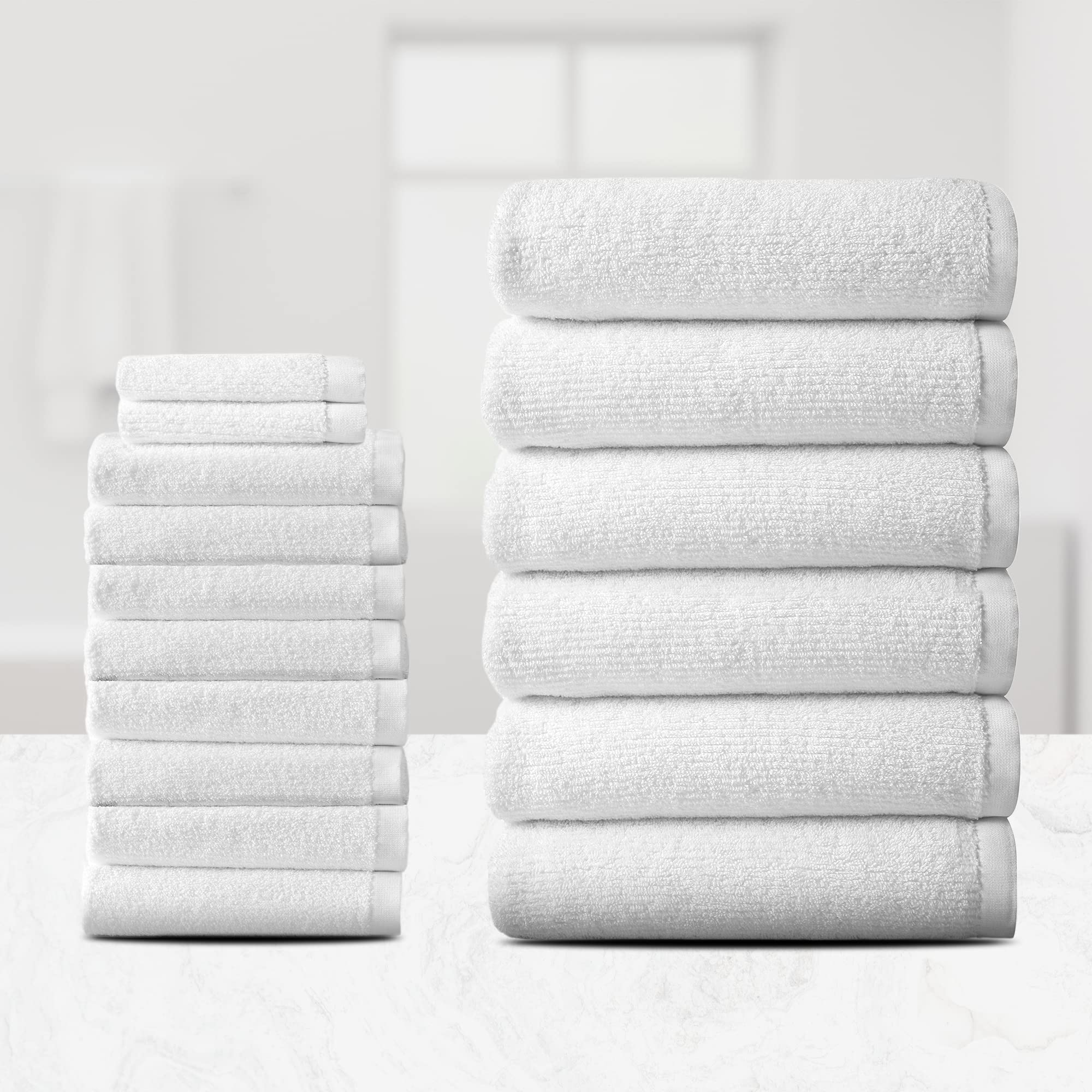 Premium 100% Cotton Soft Bath Towel Set - 16-Piece Quick Dry, Highly Absorbent Textured Towels (6 Bath, 8 Hand, 2 Washcloths) for Luxury Spa, Hotel & Home Bathroom Upgrade - White