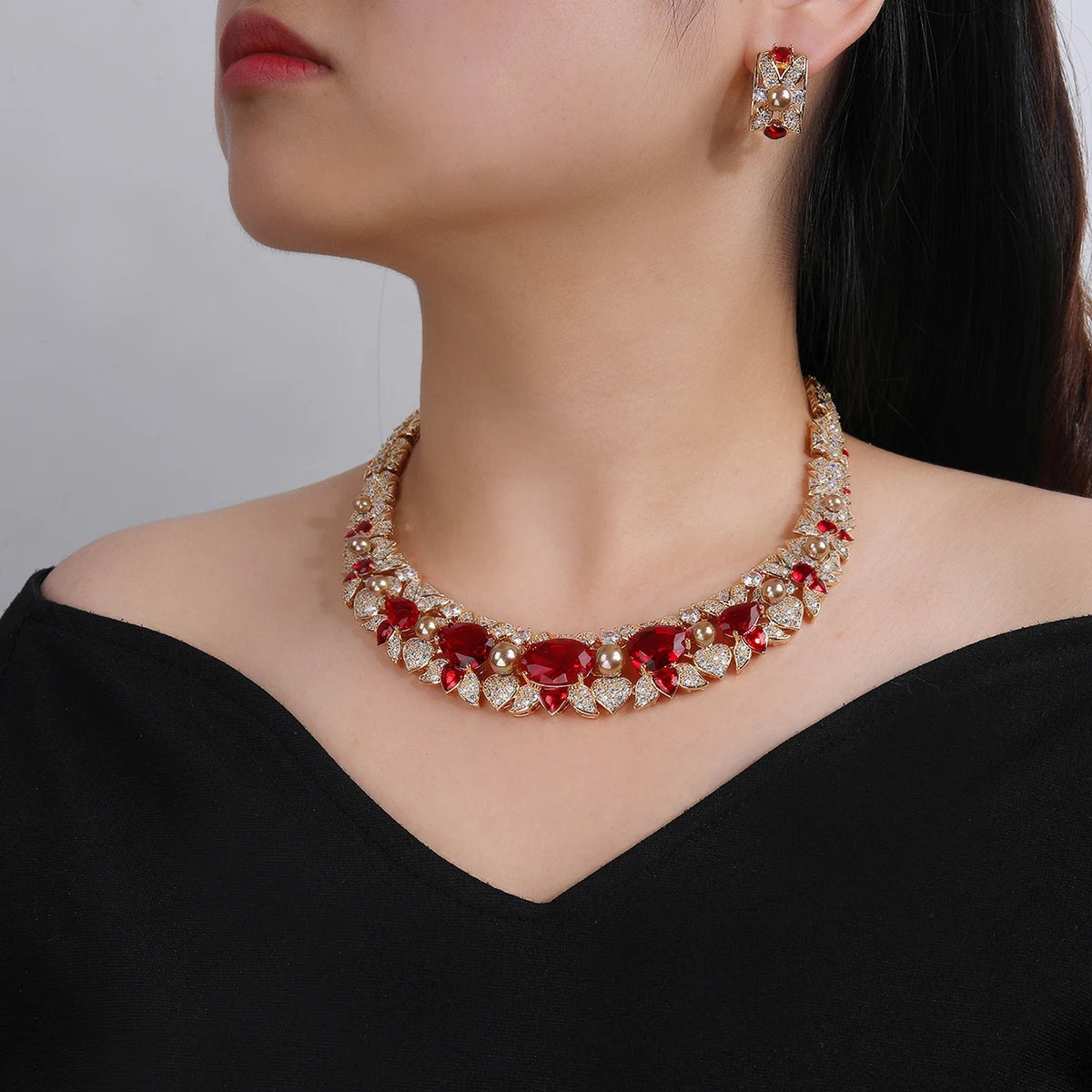 Luxury Cubic Zirconia Pearl Necklace & Earrings Set for Women - Elegant Bridal Wedding Jewelry - Perfect for Weddings, Parties, and Special Occasions