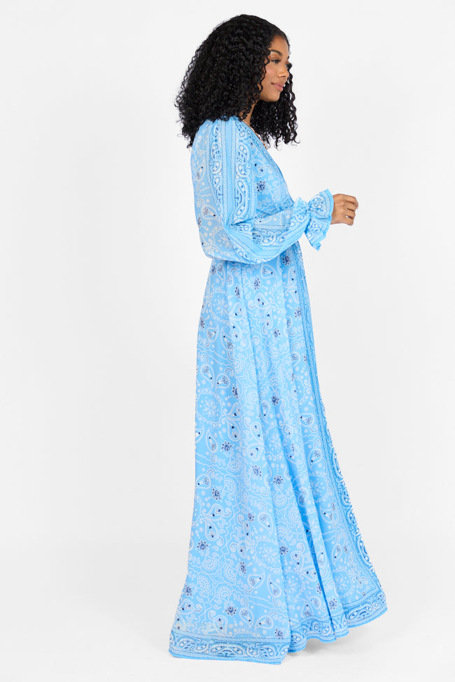 It's On Me Blue Bandana Print Maxi Dress - Flowy Summer Dress for Women, Beach Cover Up, Boho Chic Outfit, Perfect for Vacations & Outdoor Events