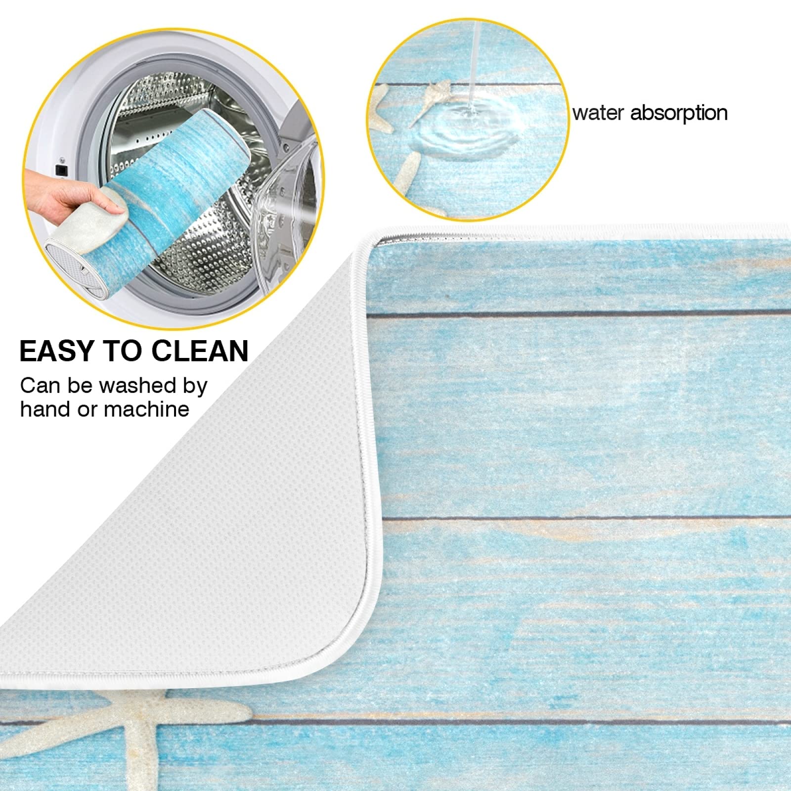 Susiyo Seashell Starfish Design Absorbent Kitchen Drying Mat - 18x24 Inch Blue Wooden Dish Drainer Pad for Countertop, Perfect for Coastal-Themed Kitchens and Beach House Decor