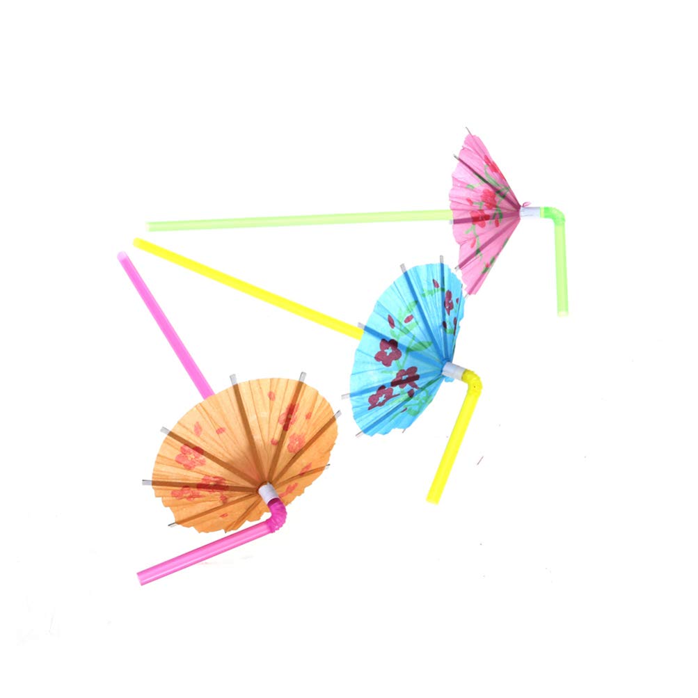 PRETYZOOM 150Pcs Colorful Bendable Umbrella Drink Straws - Fluorescent Party Straws with Parasol Toppers for Hawaiian Luau, Tropical Cocktails, Poolside Beverages & Summer Celebrations