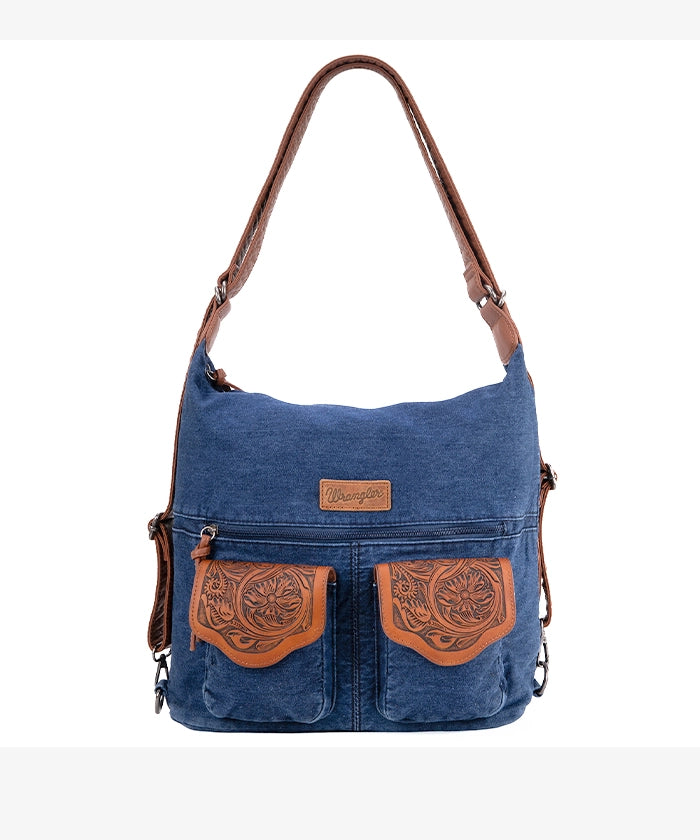 Wrangler Floral Tooled Denim Hobo Bag Convertible - Stylish Crossbody Purse for Women, Perfect for Concerts, Travel & Everyday Use